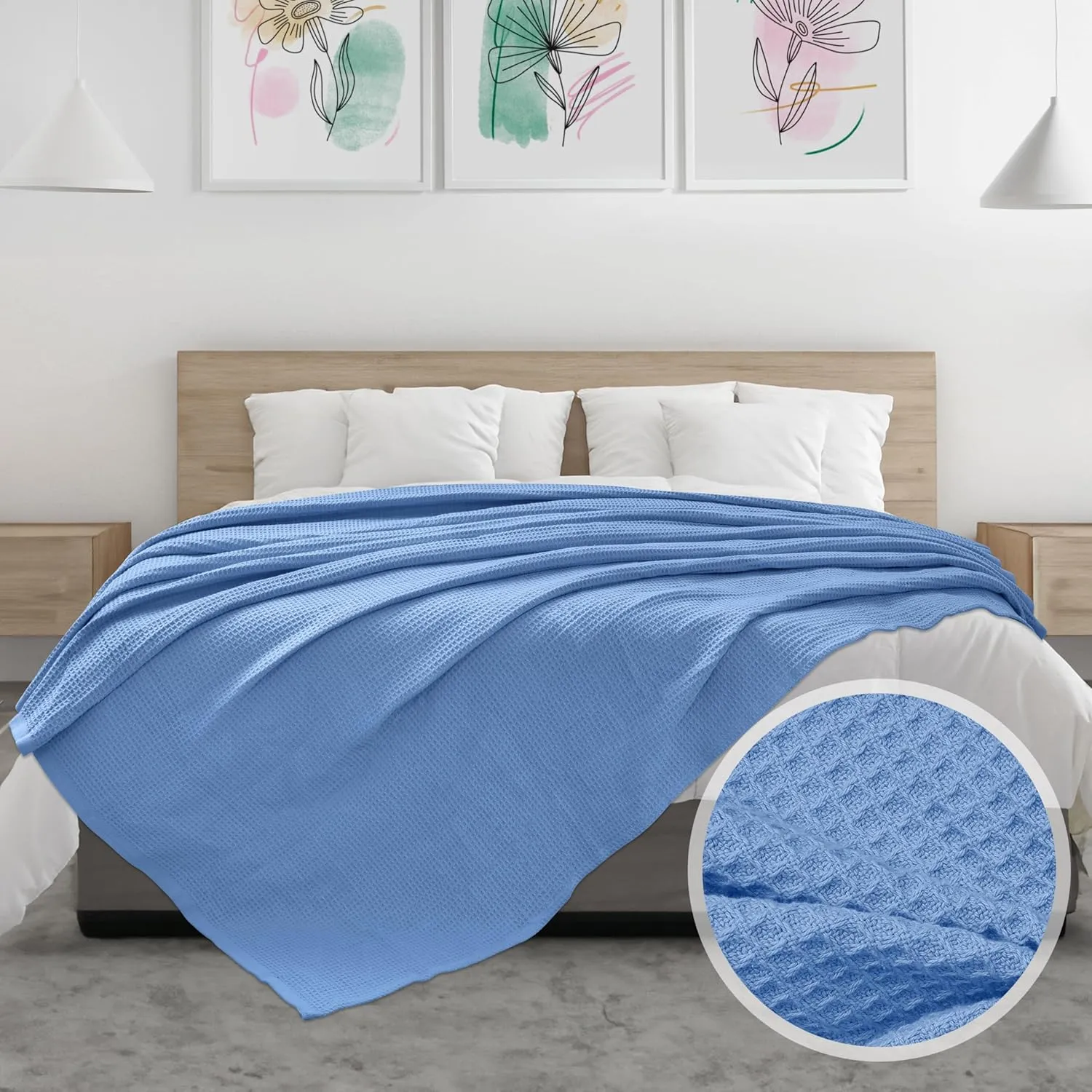 NesteriaHome 100% Cotton Blanket Waffle Weave Blue 405 GSM 90x108 Inches Soft Thermal Blanket King Size Lightweight, Breathable & Durable Summer Throw Blanket for Bed, Couches and Living Room