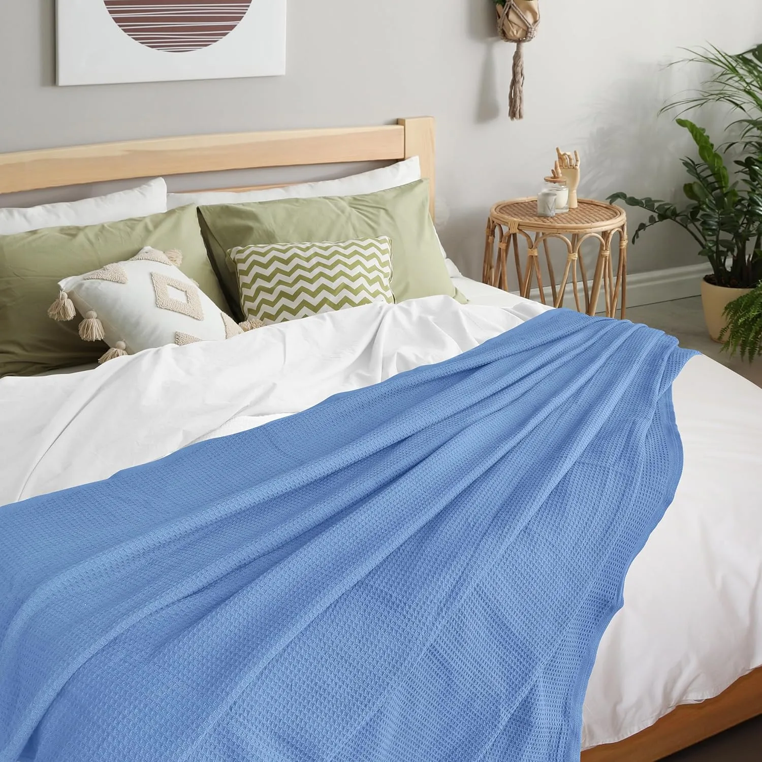 NesteriaHome 100% Cotton Blanket Waffle Weave Blue 405 GSM 90x108 Inches Soft Thermal Blanket King Size Lightweight, Breathable & Durable Summer Throw Blanket for Bed, Couches and Living Room