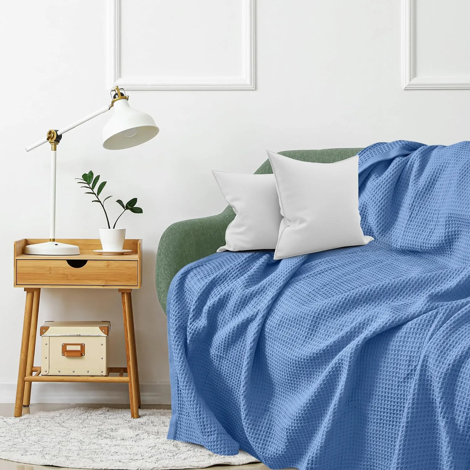 NesteriaHome 100% Cotton Blanket Waffle Weave Blue 405 GSM 90x108 Inches Soft Thermal Blanket King Size Lightweight, Breathable & Durable Summer Throw Blanket for Bed, Couches and Living Room