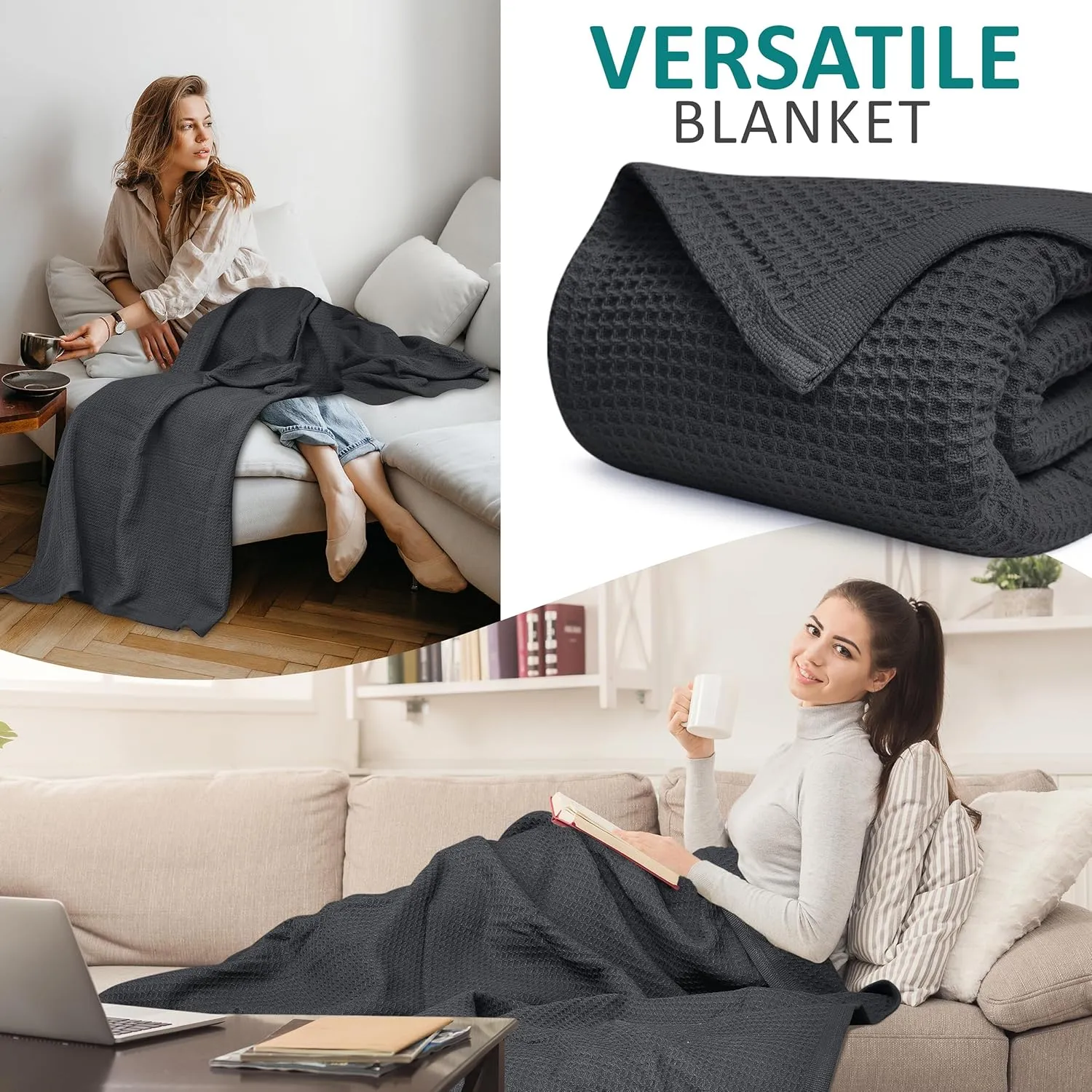 NesteriaHome 100% Cotton Blanket Waffle Weave Grey 405 GSM 90x108 Inches Soft Thermal Blanket King Size Lightweight, Breathable & Durable Summer Throw Blanket for Bed, Couches and Living Room