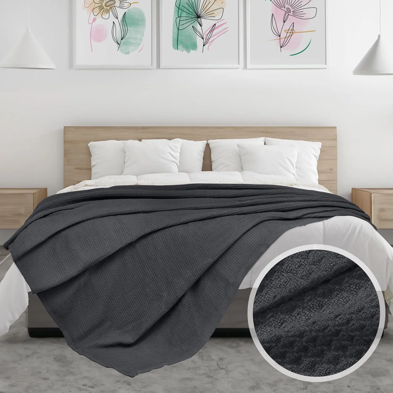 NesteriaHome 100% Cotton Blanket Waffle Weave Grey 405 GSM 90x108 Inches Soft Thermal Blanket King Size Lightweight, Breathable & Durable Summer Throw Blanket for Bed, Couches and Living Room