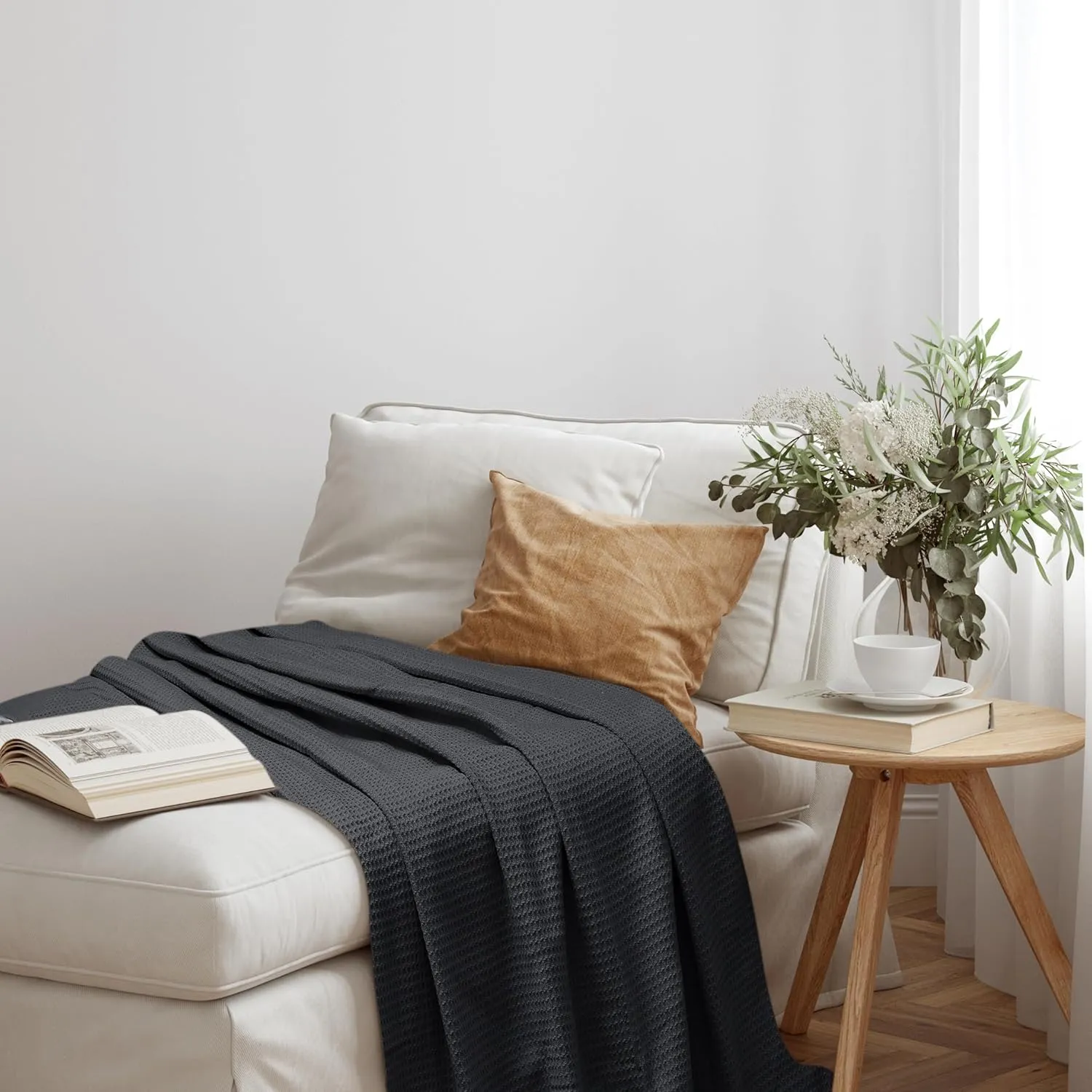 NesteriaHome 100% Cotton Blanket Waffle Weave Grey 405 GSM 90x108 Inches Soft Thermal Blanket King Size Lightweight, Breathable & Durable Summer Throw Blanket for Bed, Couches and Living Room