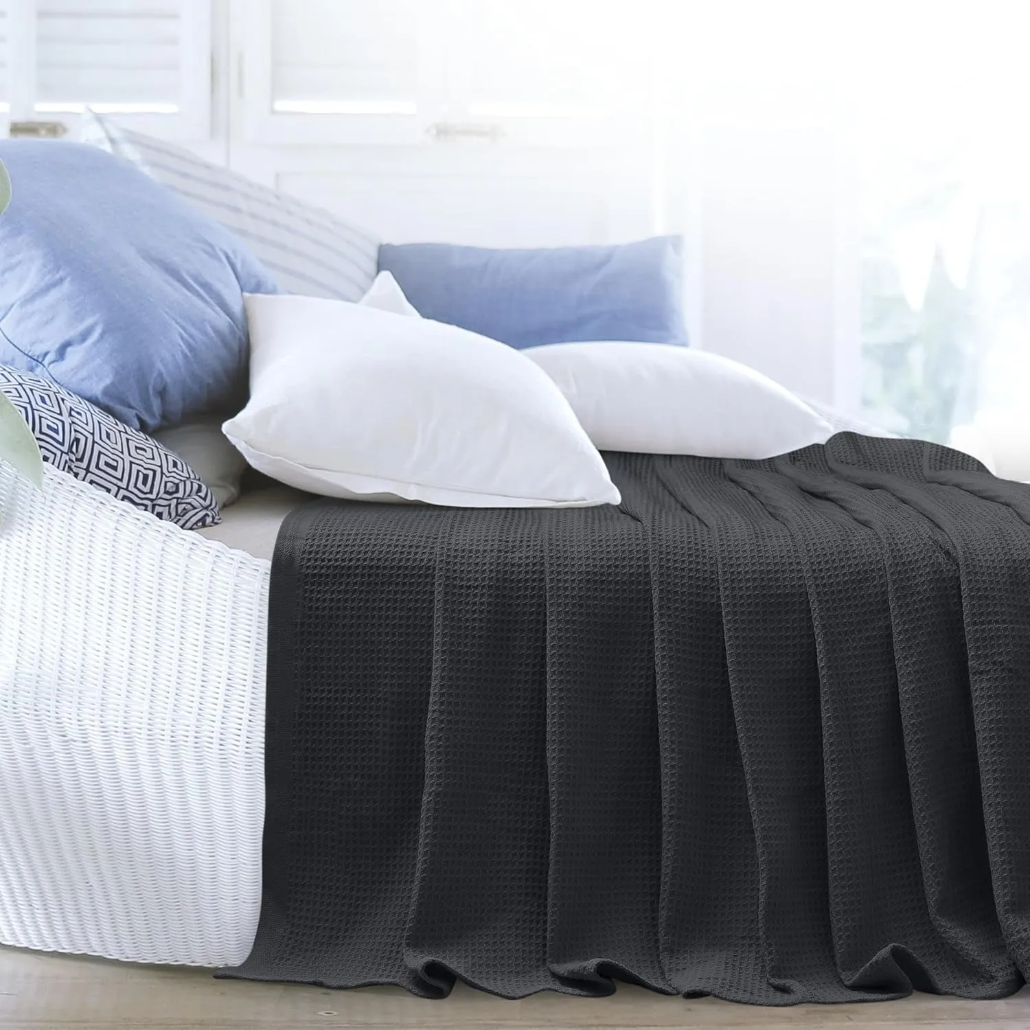 NesteriaHome 100% Cotton Blanket Waffle Weave Grey 405 GSM 90x108 Inches Soft Thermal Blanket King Size Lightweight, Breathable & Durable Summer Throw Blanket for Bed, Couches and Living Room