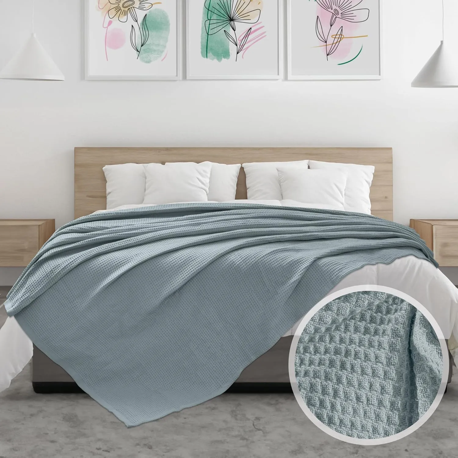 NesteriaHome 100% Cotton Blanket Waffle Weave Mint 405 GSM 90x108 Inches Soft Thermal Blanket King Size Lightweight, Breathable & Durable Summer Throw Blanket for Bed, Couches and Living Room