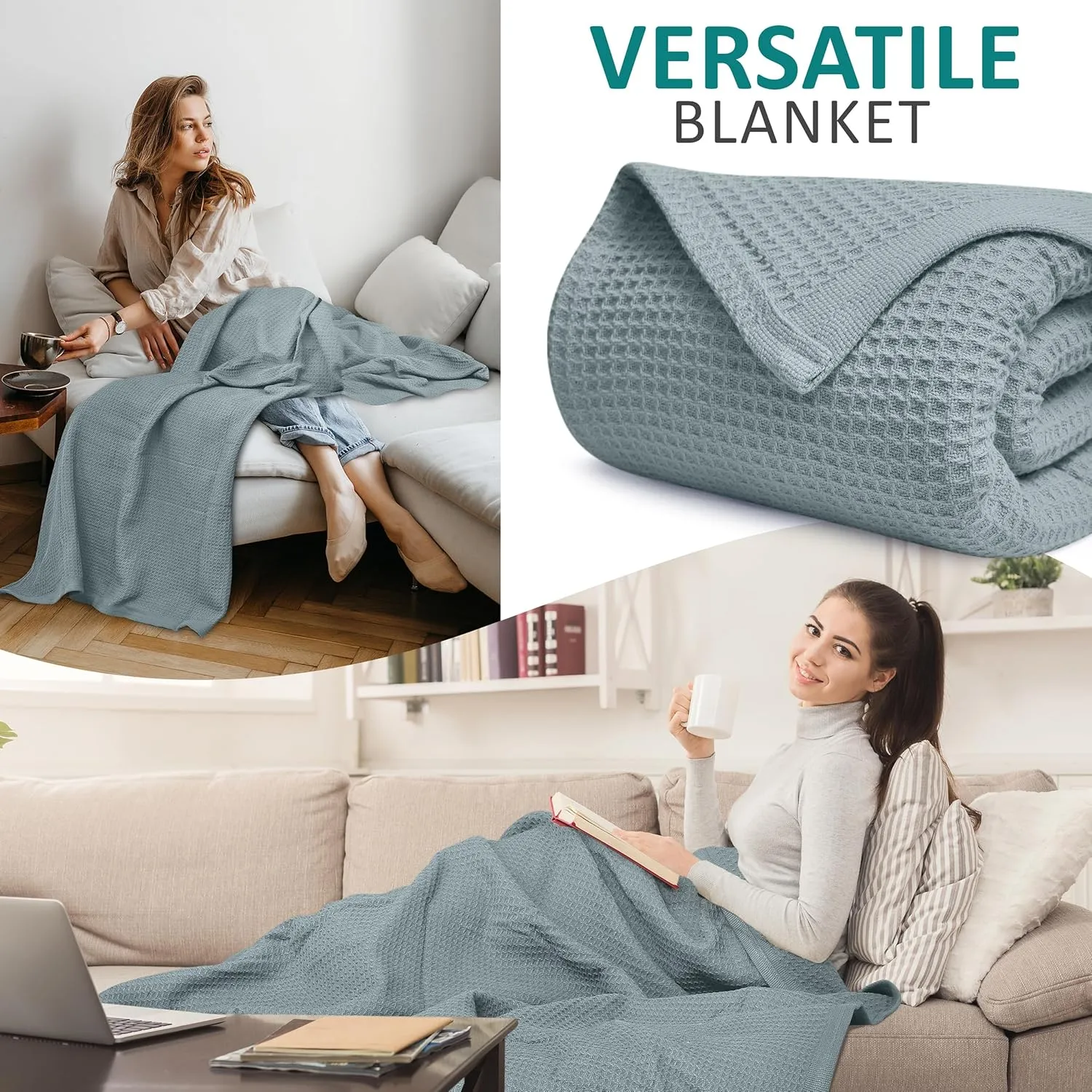 NesteriaHome 100% Cotton Blanket Waffle Weave Mint 405 GSM 90x108 Inches Soft Thermal Blanket King Size Lightweight, Breathable & Durable Summer Throw Blanket for Bed, Couches and Living Room