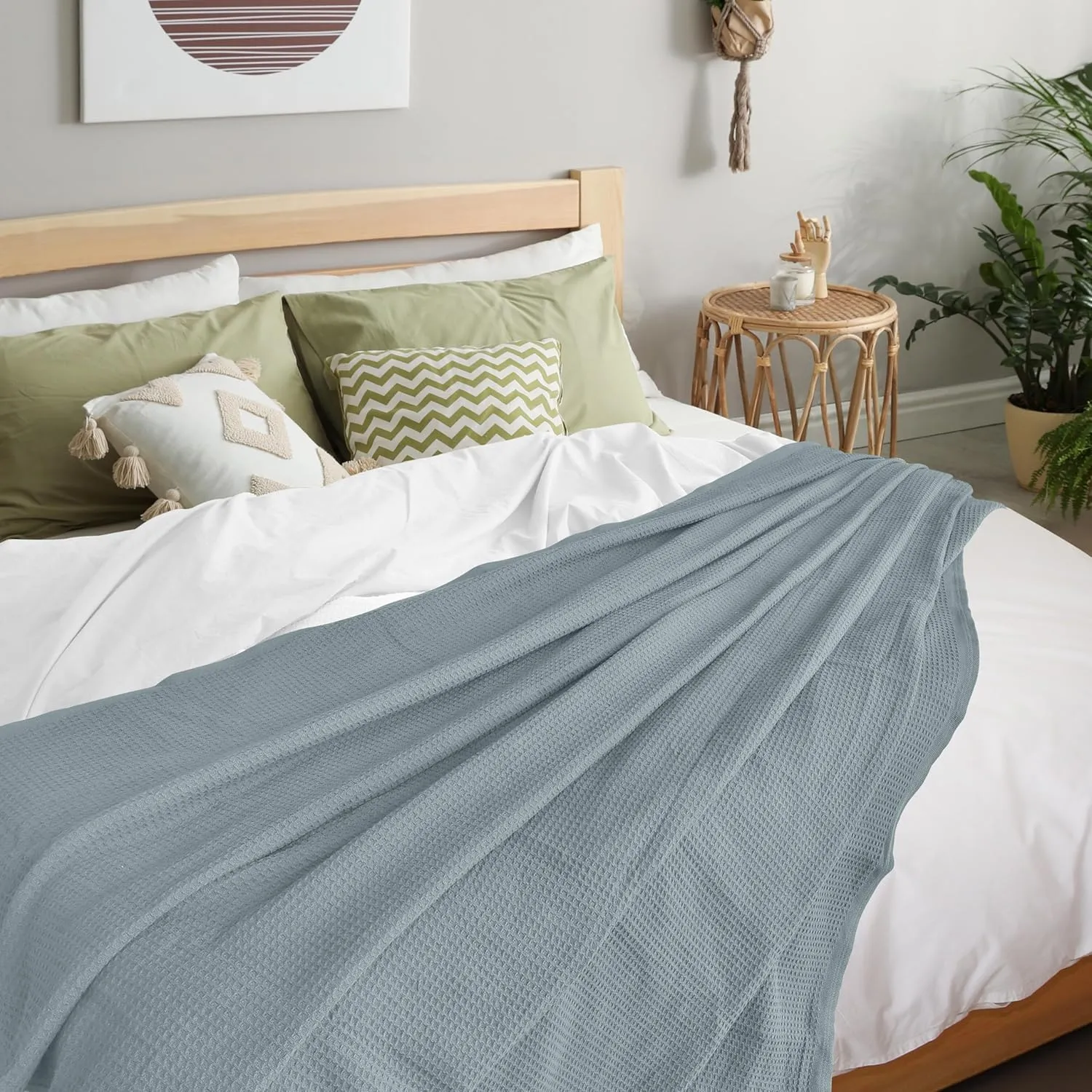 NesteriaHome 100% Cotton Blanket Waffle Weave Mint 405 GSM 90x108 Inches Soft Thermal Blanket King Size Lightweight, Breathable & Durable Summer Throw Blanket for Bed, Couches and Living Room