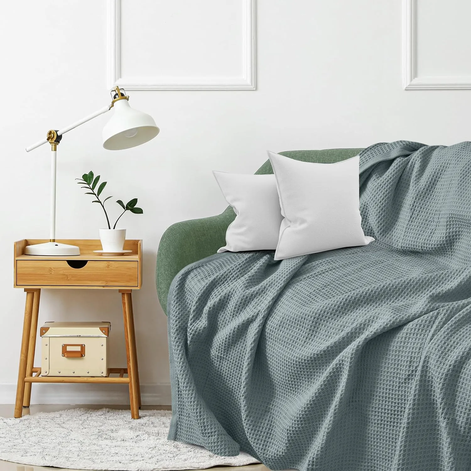 NesteriaHome 100% Cotton Blanket Waffle Weave Mint 405 GSM 90x108 Inches Soft Thermal Blanket King Size Lightweight, Breathable & Durable Summer Throw Blanket for Bed, Couches and Living Room