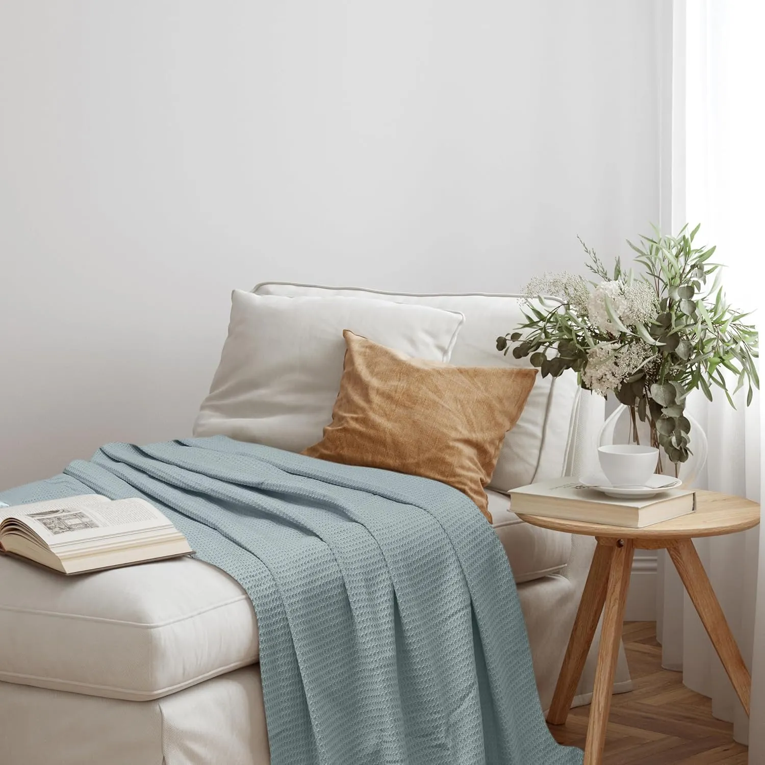 NesteriaHome 100% Cotton Blanket Waffle Weave Mint 405 GSM 90x108 Inches Soft Thermal Blanket King Size Lightweight, Breathable & Durable Summer Throw Blanket for Bed, Couches and Living Room