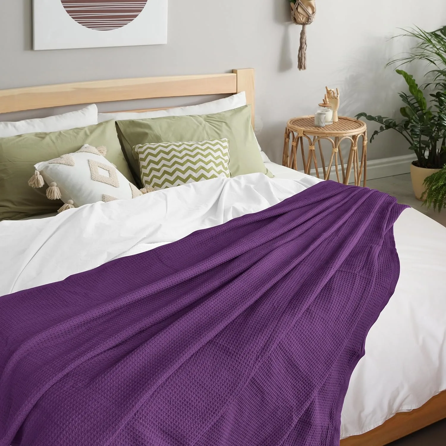 NesteriaHome 100% Cotton Blanket Waffle Weave Plum 405 GSM 90x108 Inches Soft Thermal Blanket King Size Lightweight, Breathable & Durable Summer Throw Blanket for Bed, Couches and Living Room