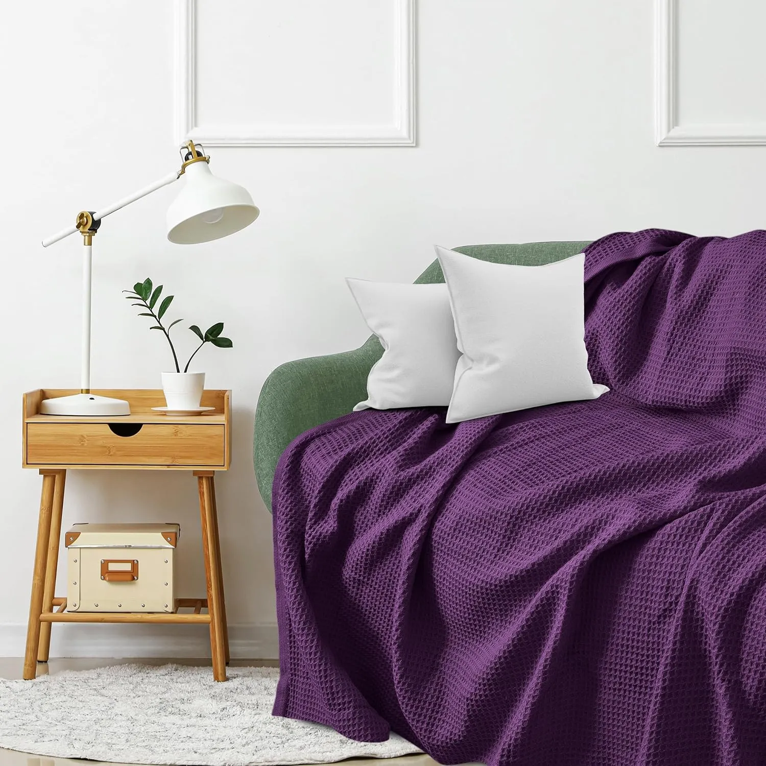 NesteriaHome 100% Cotton Blanket Waffle Weave Plum 405 GSM 90x108 Inches Soft Thermal Blanket King Size Lightweight, Breathable & Durable Summer Throw Blanket for Bed, Couches and Living Room