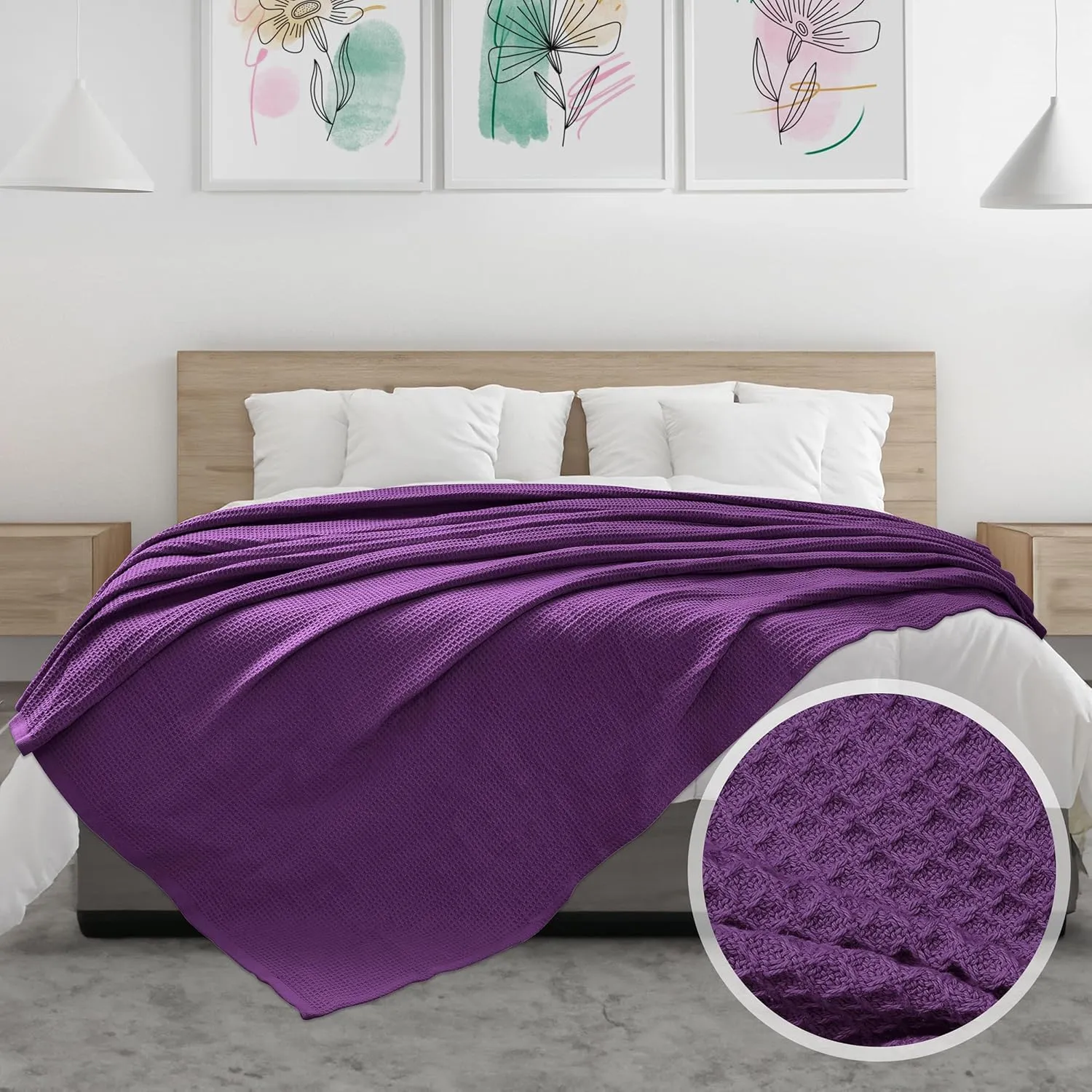 NesteriaHome 100% Cotton Blanket Waffle Weave Plum 405 GSM 90x108 Inches Soft Thermal Blanket King Size Lightweight, Breathable & Durable Summer Throw Blanket for Bed, Couches and Living Room