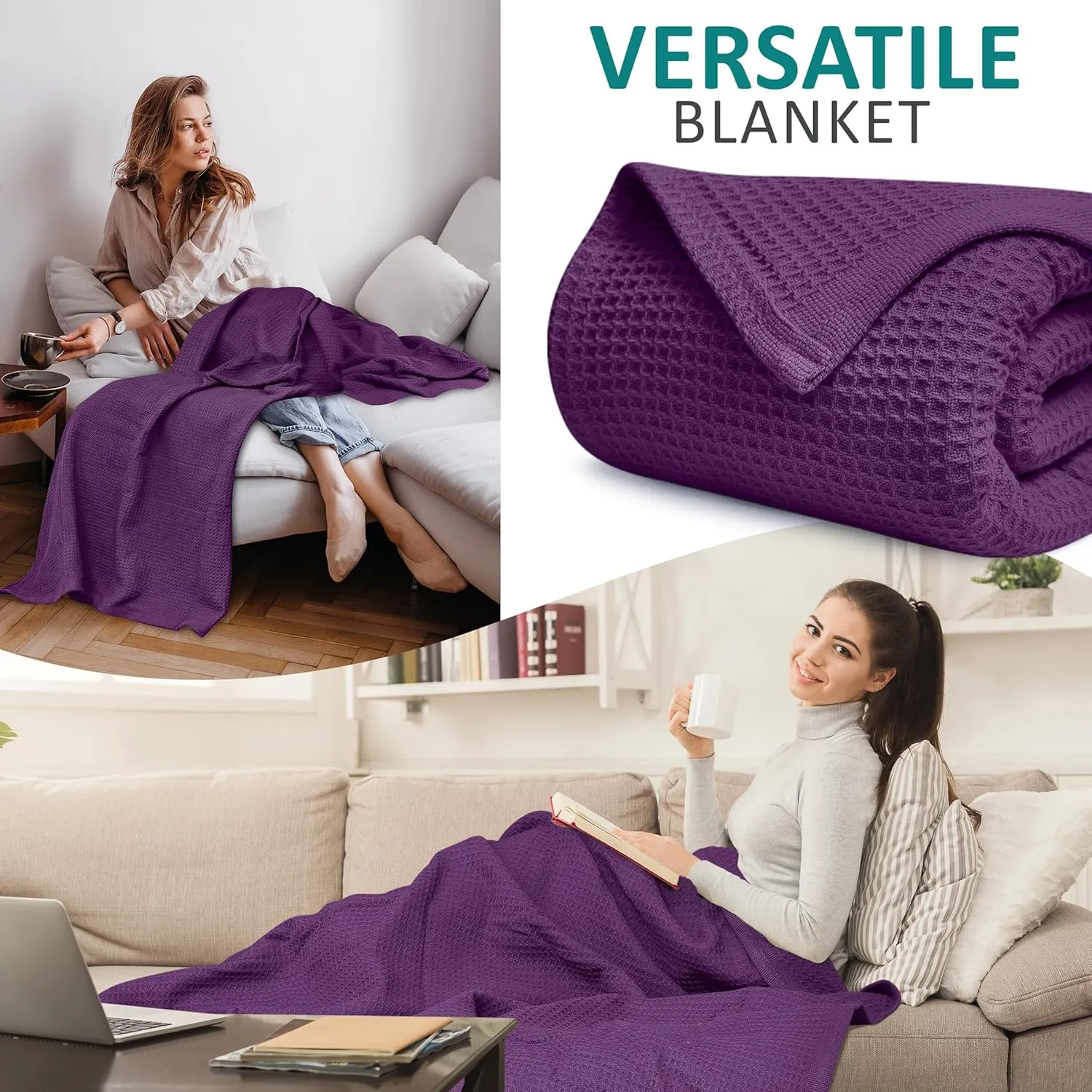 NesteriaHome 100% Cotton Blanket Waffle Weave Plum 405 GSM 90x108 Inches Soft Thermal Blanket King Size Lightweight, Breathable & Durable Summer Throw Blanket for Bed, Couches and Living Room