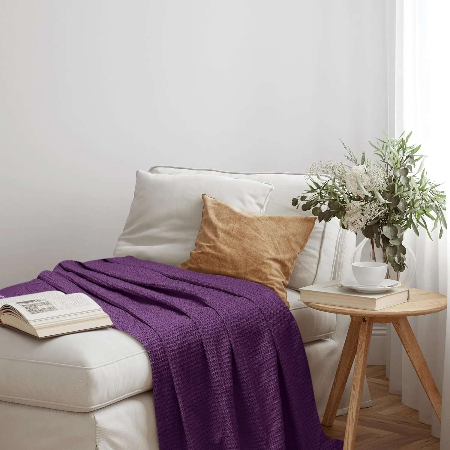 NesteriaHome 100% Cotton Blanket Waffle Weave Plum 405 GSM 90x108 Inches Soft Thermal Blanket King Size Lightweight, Breathable & Durable Summer Throw Blanket for Bed, Couches and Living Room