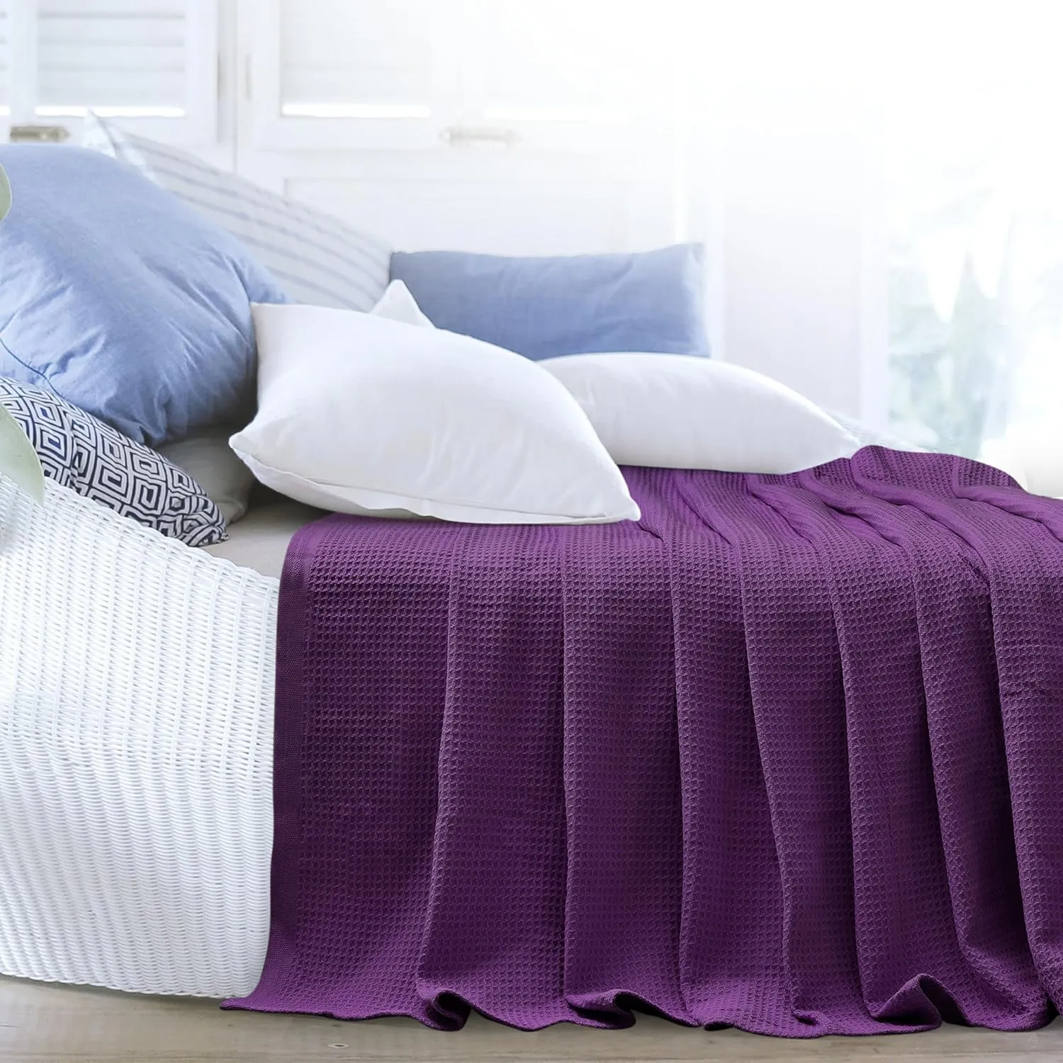NesteriaHome 100% Cotton Blanket Waffle Weave Plum 405 GSM 90x108 Inches Soft Thermal Blanket King Size Lightweight, Breathable & Durable Summer Throw Blanket for Bed, Couches and Living Room
