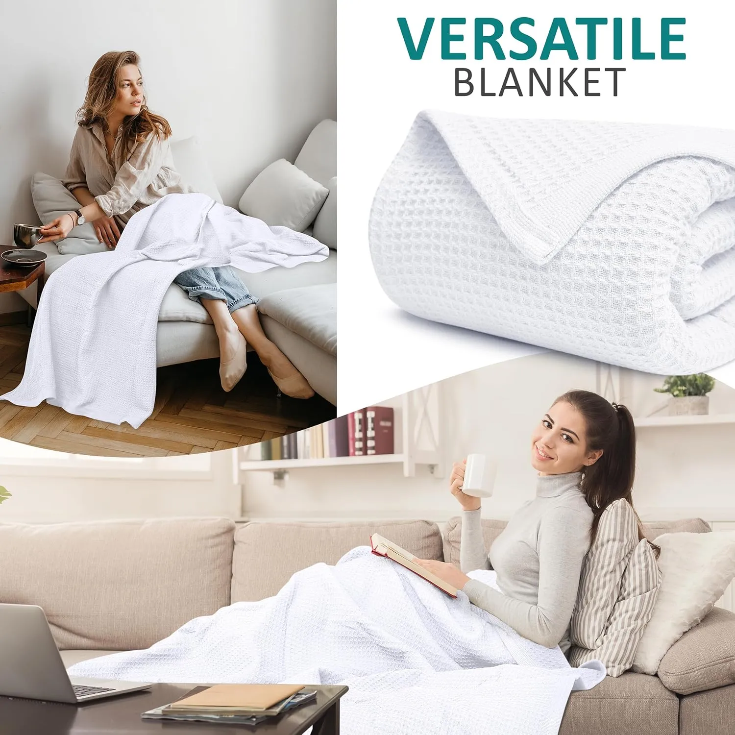 NesteriaHome 100% Cotton Blanket Waffle Weave White 405 GSM 90x108 Inches Soft Thermal Blanket King Size Lightweight, Breathable & Durable Summer Throw Blanket for Bed, Couches and Living Room