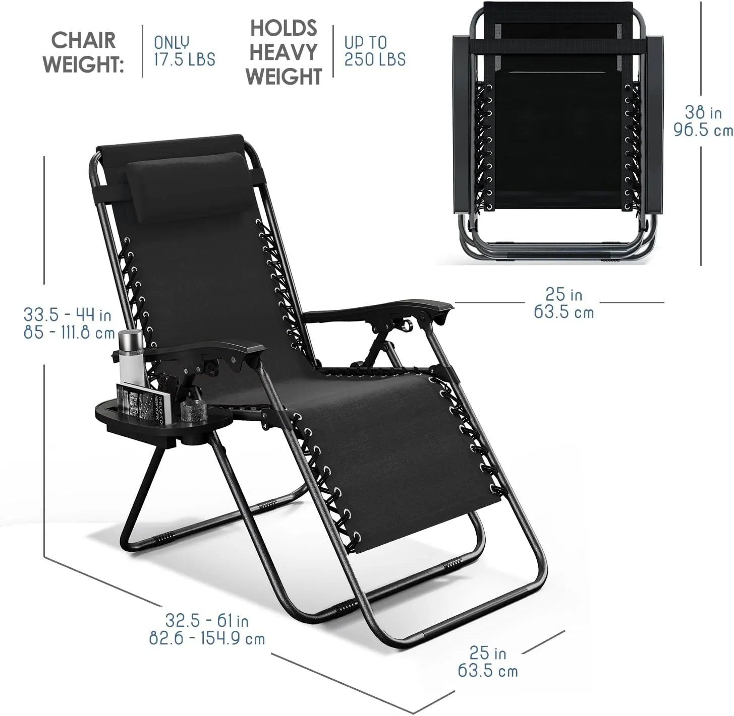 Nestl Zero Gravity Chairs, Portable Patio Lounge Chair Outdoor with Pillows & Cup Holder Trays, Adjustable Steel Mesh Reclining Camping Chair, Folding Patio Lawn Chair for Deck, Beach, Yard - Black