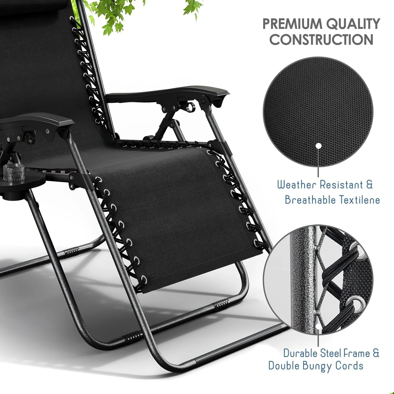 Nestl Zero Gravity Chairs, Portable Patio Lounge Chair Outdoor with Pillows & Cup Holder Trays, Adjustable Steel Mesh Reclining Camping Chair, Folding Patio Lawn Chair for Deck, Beach, Yard - Black