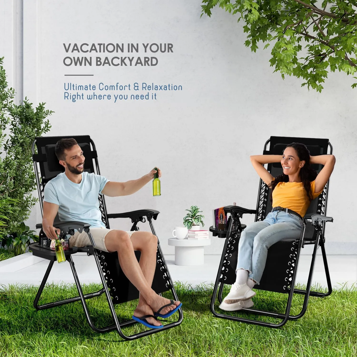 Nestl Zero Gravity Chairs, Portable Patio Lounge Chair Outdoor with Pillows & Cup Holder Trays, Adjustable Steel Mesh Reclining Camping Chair, Folding Patio Lawn Chair for Deck, Beach, Yard - Black