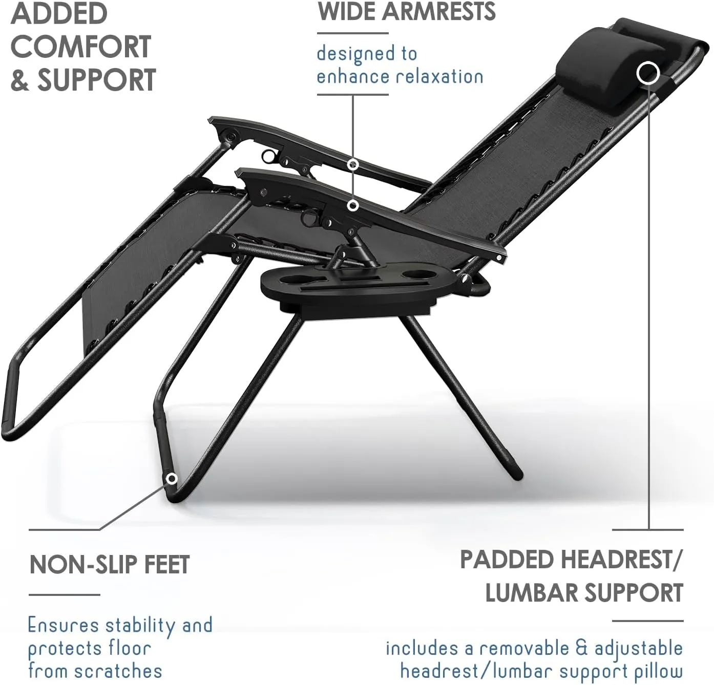 Nestl Zero Gravity Chairs, Portable Patio Lounge Chair Outdoor with Pillows & Cup Holder Trays, Adjustable Steel Mesh Reclining Camping Chair, Folding Patio Lawn Chair for Deck, Beach, Yard - Black