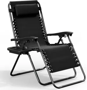Nestl Zero Gravity Chairs, Portable Patio Lounge Chair Outdoor with Pillows & Cup Holder Trays, Adjustable Steel Mesh Reclining Camping Chair, Folding Patio Lawn Chair for Deck, Beach, Yard - Black