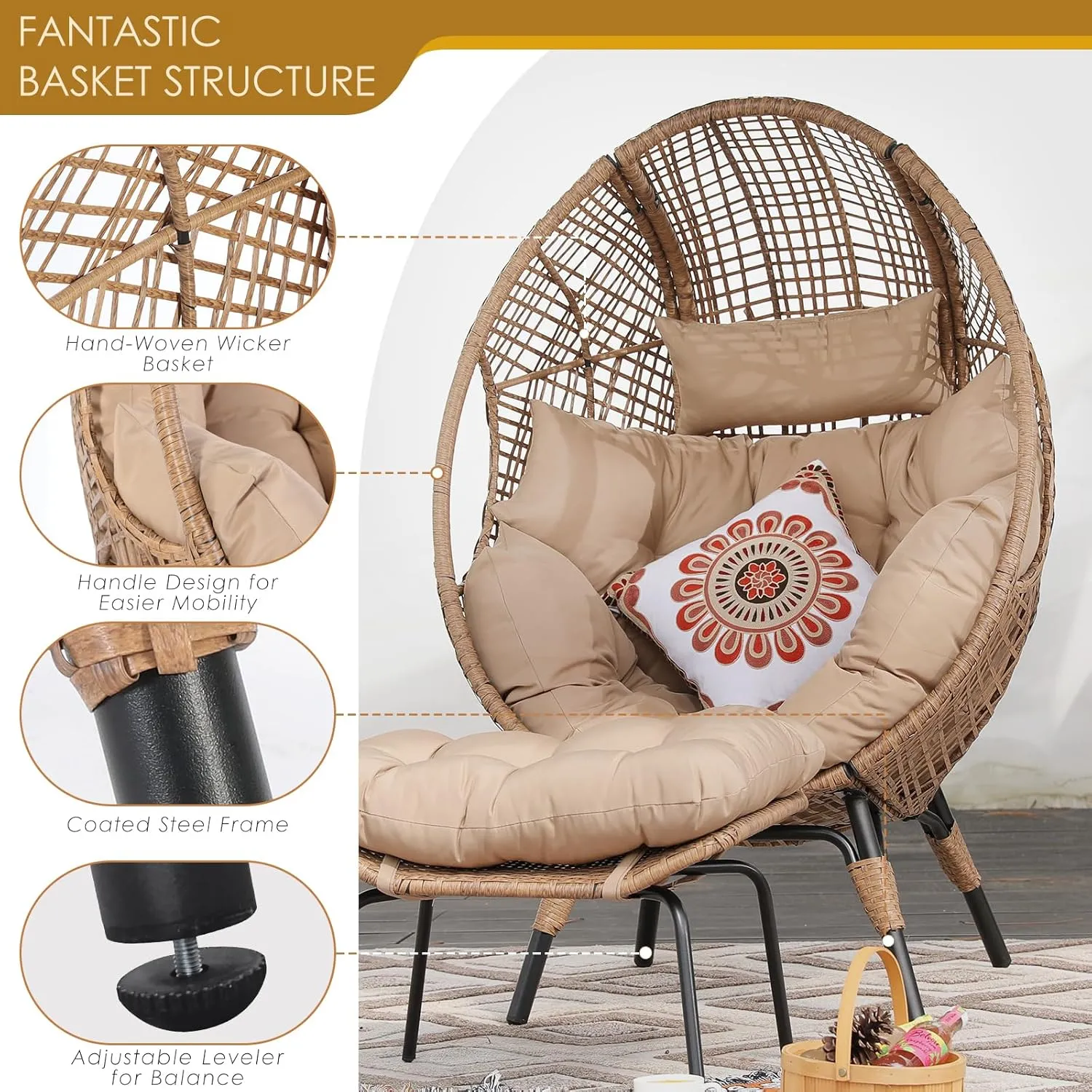 NICESOUL Egg Chair Indoor Outdoor, Large Egg Lounge Chair w/Ottoman, Oversized Comfy Cushioned Brid Cage Seat 440lbs, Boho Nest Seat with Footstool for Patio, Bedroom, Lawn, Backyard, Brown