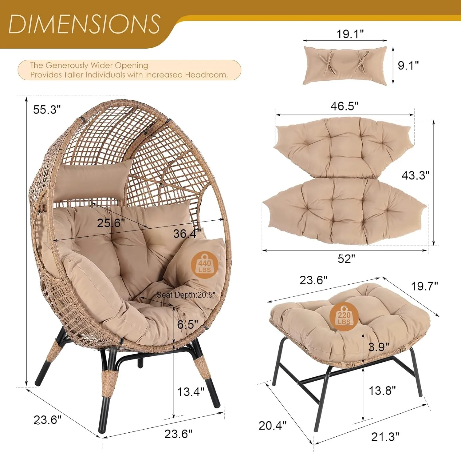 NICESOUL Egg Chair Indoor Outdoor, Large Egg Lounge Chair w/Ottoman, Oversized Comfy Cushioned Brid Cage Seat 440lbs, Boho Nest Seat with Footstool for Patio, Bedroom, Lawn, Backyard, Brown