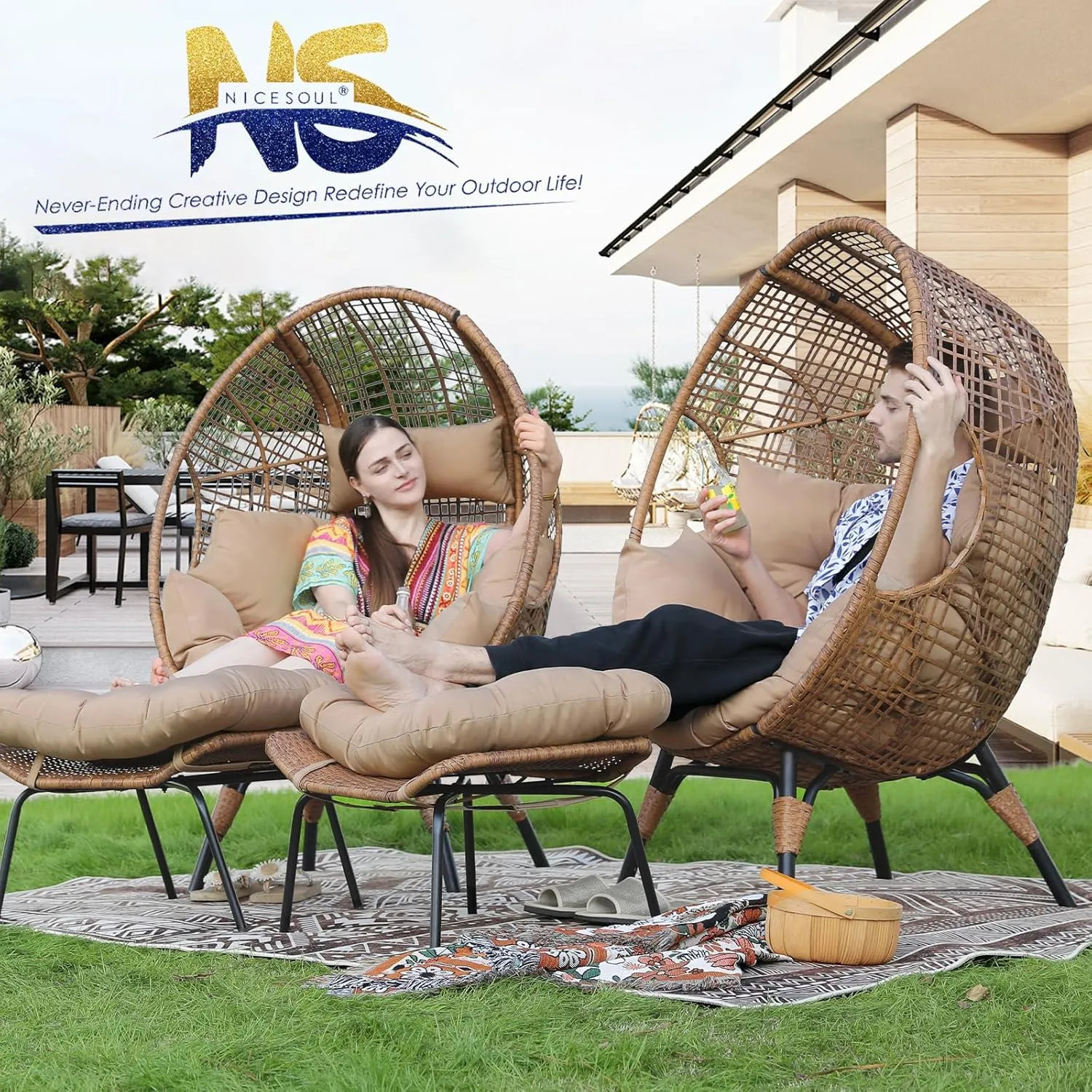 NICESOUL Egg Chair Indoor Outdoor, Large Egg Lounge Chair w/Ottoman, Oversized Comfy Cushioned Brid Cage Seat 440lbs, Boho Nest Seat with Footstool for Patio, Bedroom, Lawn, Backyard, Brown