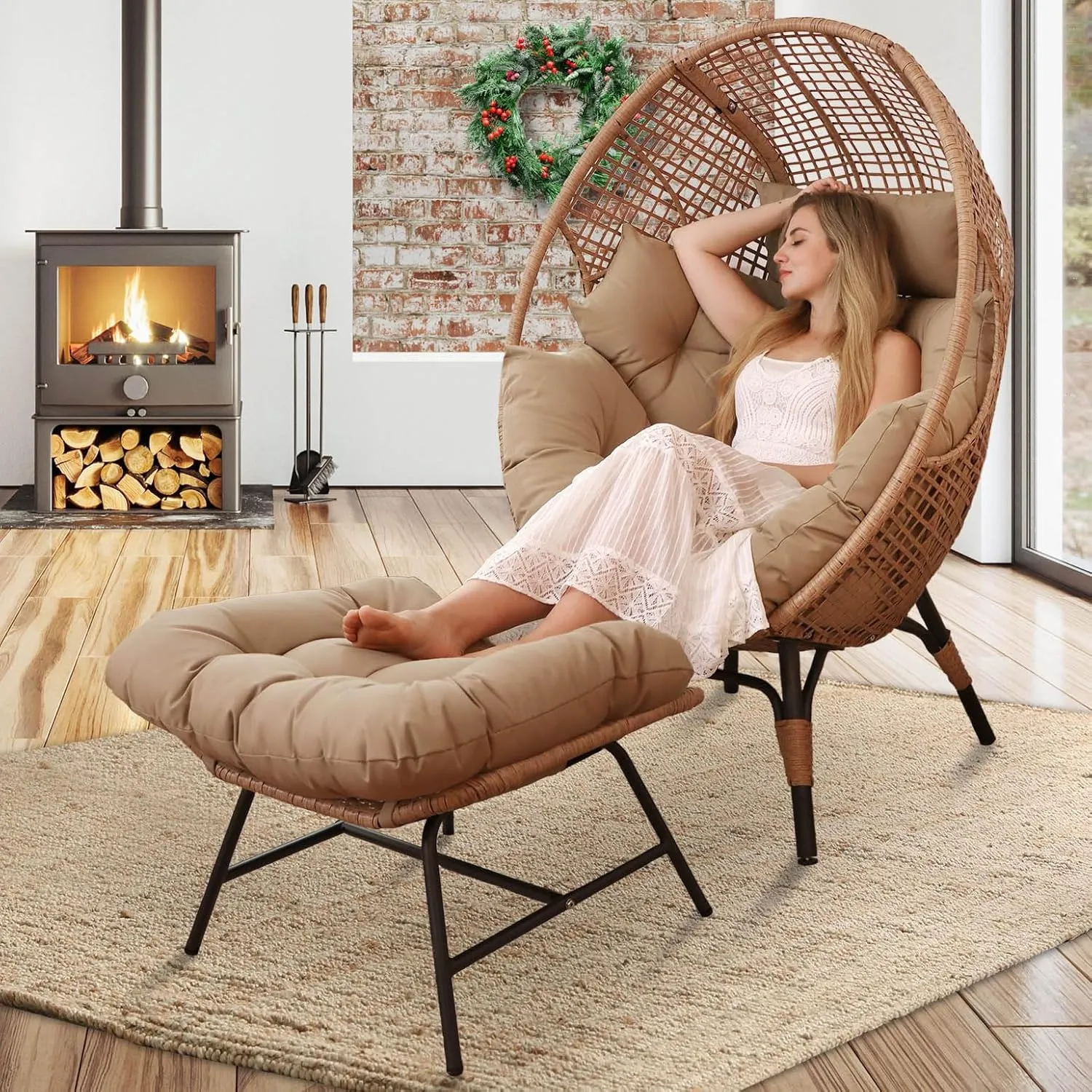 NICESOUL Egg Chair Indoor Outdoor, Large Egg Lounge Chair w/Ottoman, Oversized Comfy Cushioned Brid Cage Seat 440lbs, Boho Nest Seat with Footstool for Patio, Bedroom, Lawn, Backyard, Brown