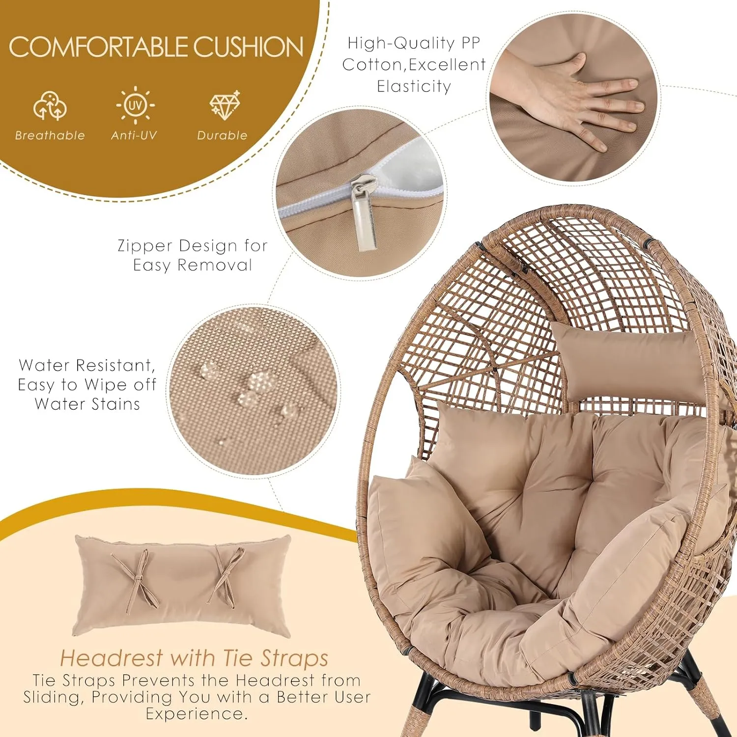 NICESOUL Egg Chair Indoor Outdoor, Large Egg Lounge Chair w/Ottoman, Oversized Comfy Cushioned Brid Cage Seat 440lbs, Boho Nest Seat with Footstool for Patio, Bedroom, Lawn, Backyard, Brown