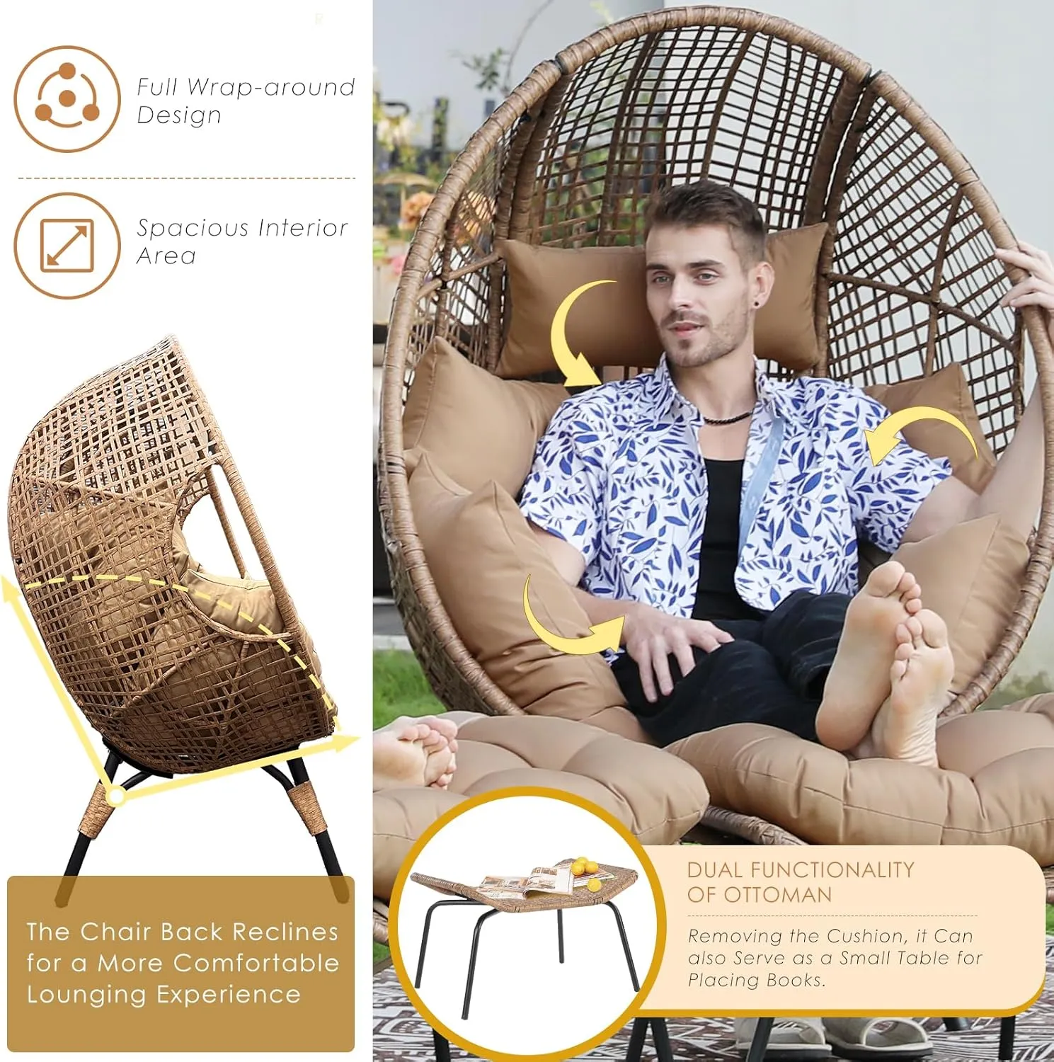 NICESOUL Egg Chair Indoor Outdoor, Large Egg Lounge Chair w/Ottoman, Oversized Comfy Cushioned Brid Cage Seat 440lbs, Boho Nest Seat with Footstool for Patio, Bedroom, Lawn, Backyard, Brown