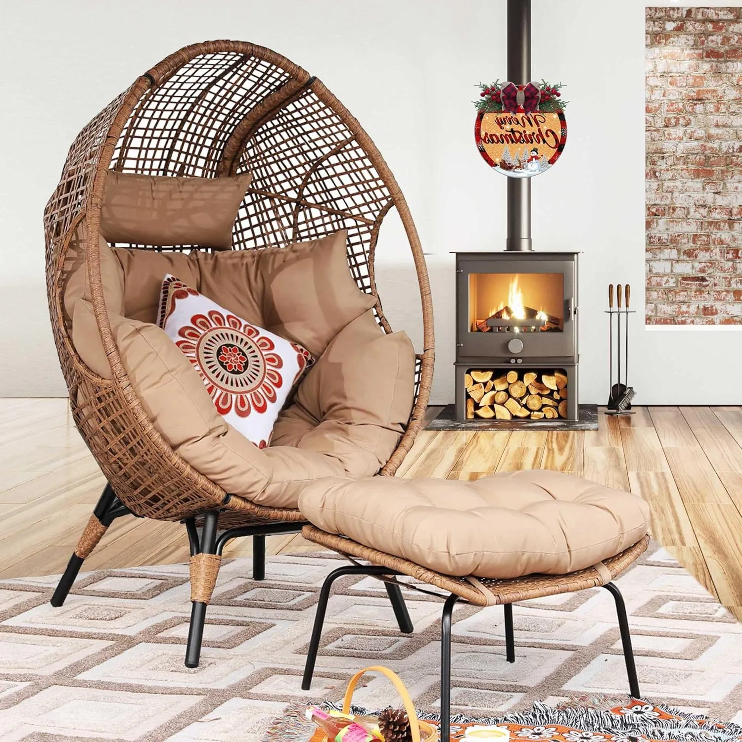 NICESOUL Egg Chair Indoor Outdoor, Large Egg Lounge Chair w/Ottoman, Oversized Comfy Cushioned Brid Cage Seat 440lbs, Boho Nest Seat with Footstool for Patio, Bedroom, Lawn, Backyard, Brown