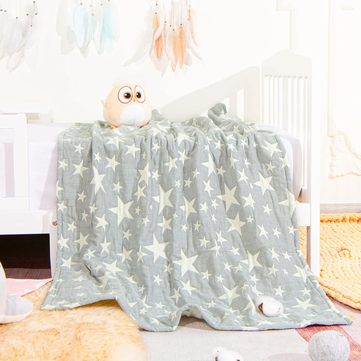 NTBAY 3 Layer Toddler Blanket, Muslin Cotton Jacquard Bed Blankets, Lightweight Thermal Baby Blanket, Super Soft and Warm Crib Blanket for All Seasons, Decoration Gift, 30"x40", Grey Star