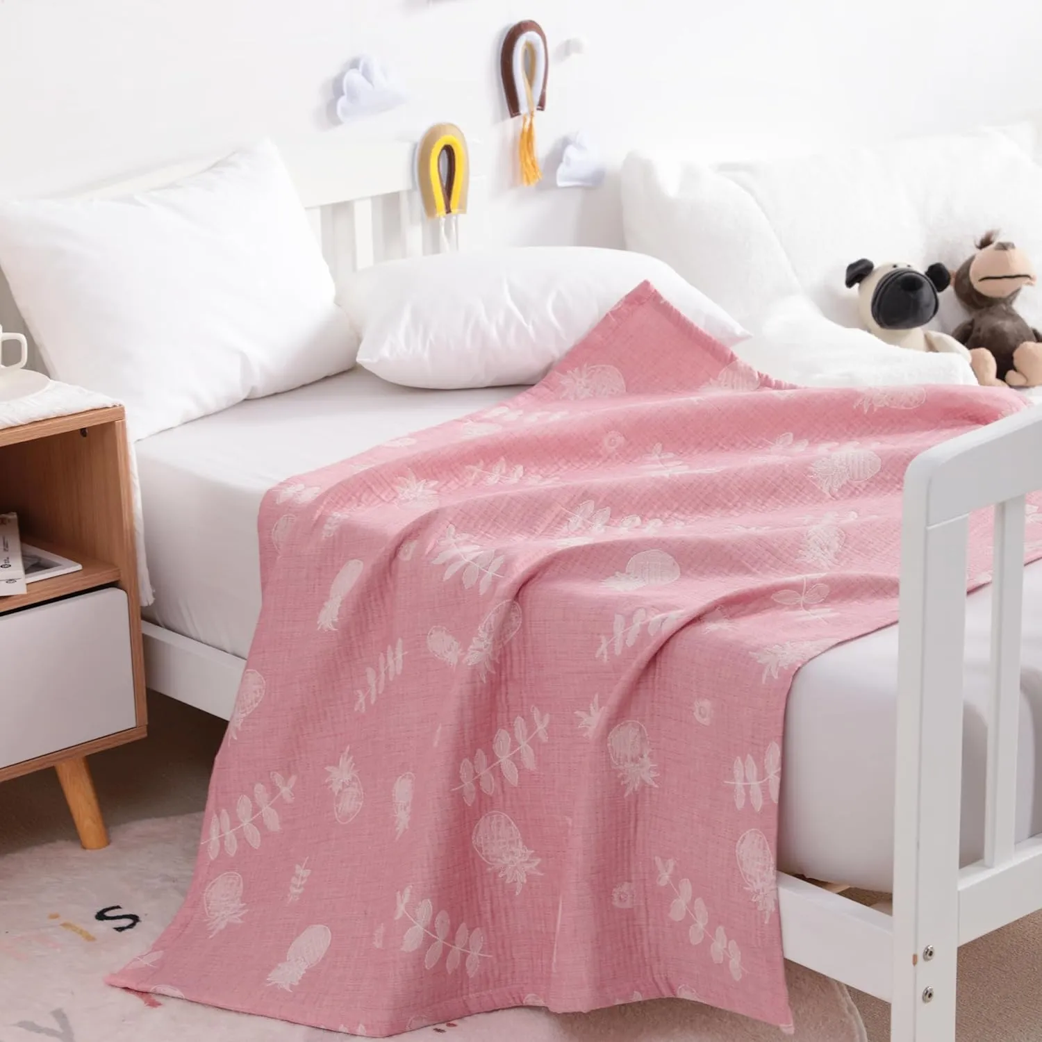 NTBAY 3 Layer Toddler Blanket, Muslin Cotton Jacquard Bed Blankets, Lightweight Thermal Baby Blanket, Super Soft and Warm Crib Blanket for All Seasons, Decoration Gift, 30"x40", Pink Pineapple