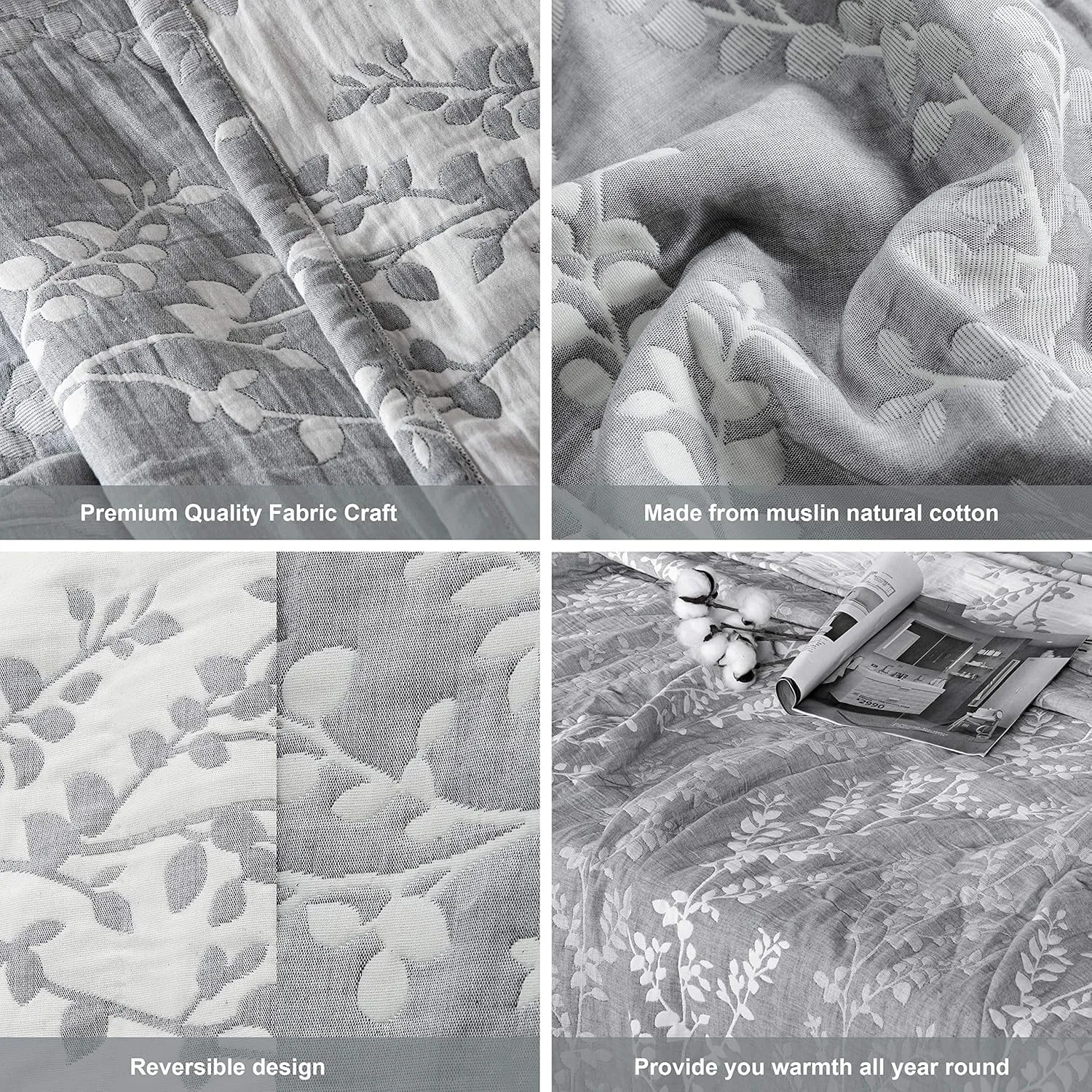 NTBAY 3 Layers Cotton Muslin 106x92 King Bed Blanket, Super Soft Breathable Thermal Yarn Dyed Quilt for Adults, Perfect Lightweight Blanket for Couch Sofa Bed All Seasons, Grey Tree