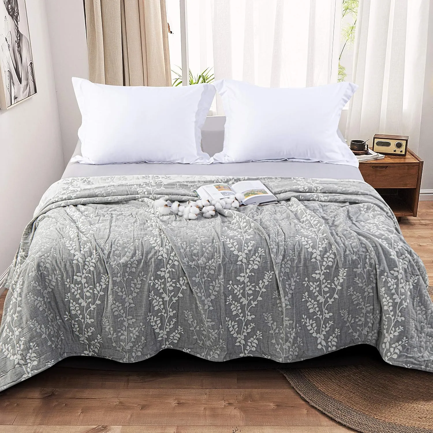 NTBAY 3 Layers Cotton Muslin 106x92 King Bed Blanket, Super Soft Breathable Thermal Yarn Dyed Quilt for Adults, Perfect Lightweight Blanket for Couch Sofa Bed All Seasons, Grey Tree