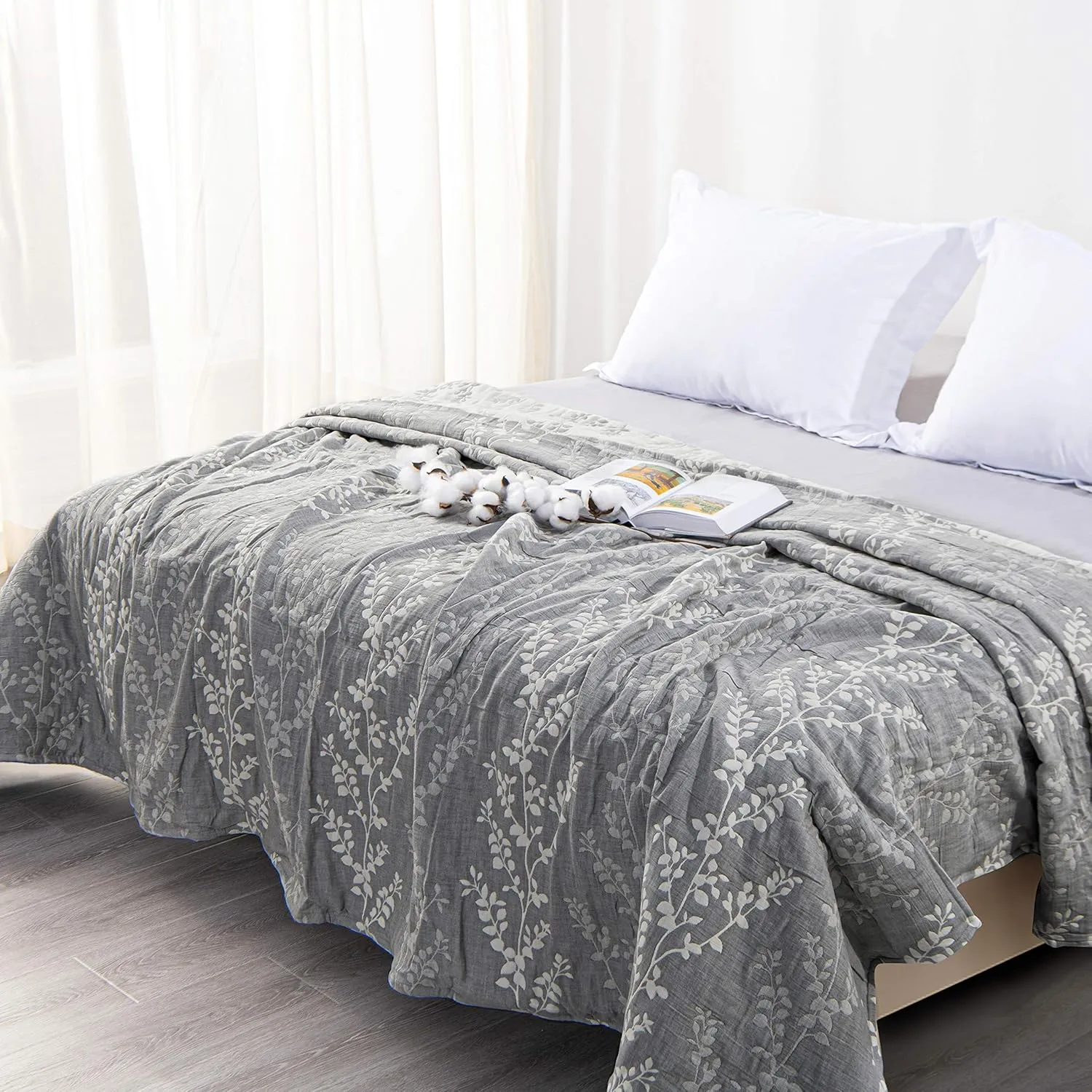 NTBAY 3 Layers Cotton Muslin 106x92 King Bed Blanket, Super Soft Breathable Thermal Yarn Dyed Quilt for Adults, Perfect Lightweight Blanket for Couch Sofa Bed All Seasons, Grey Tree