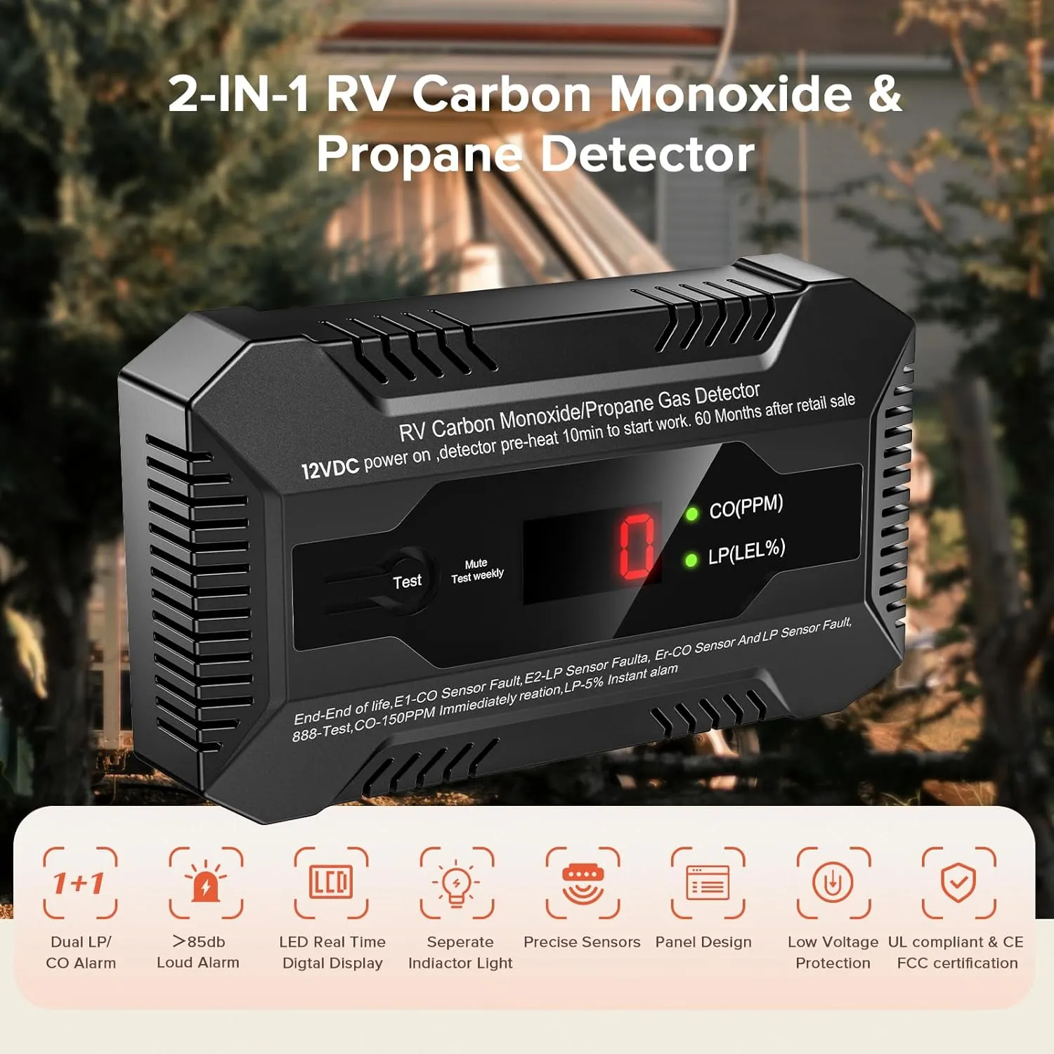 Nuleto RV Dual LP/CO Alarm，RV Carbon Monoxide & Propane Gas Detector with Separate LED Indicator Light, Early Warning to Ensure RV Camping Safety Travel (with 1 Bracket), Black