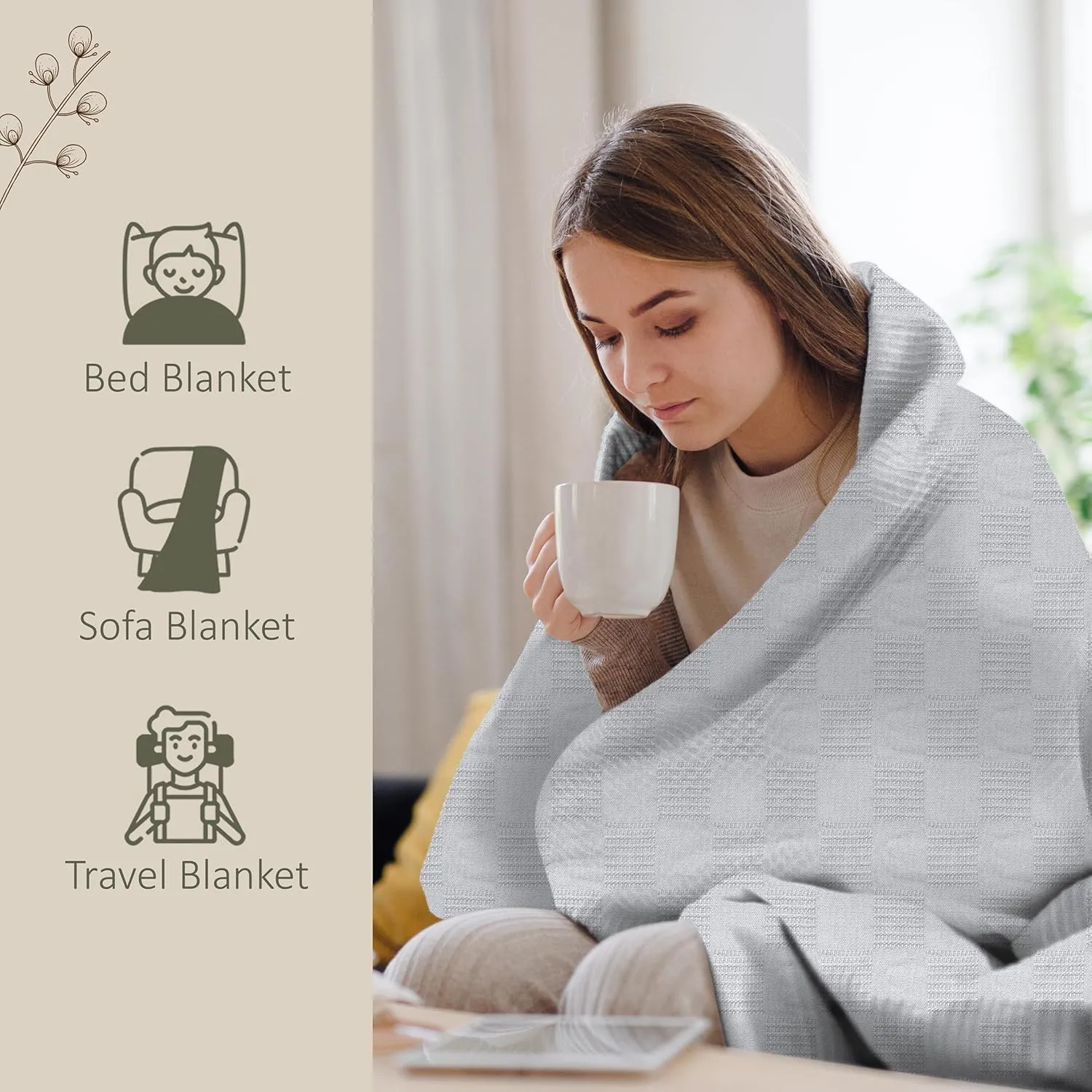 Oakias 100% Cotton Blanket - Queen Size Silver, 350 GSM, 90 x 90 Inches, Soft, Thermal, Breathable & Durable Summer Throw Blanket for Bed, Couches & Living Room