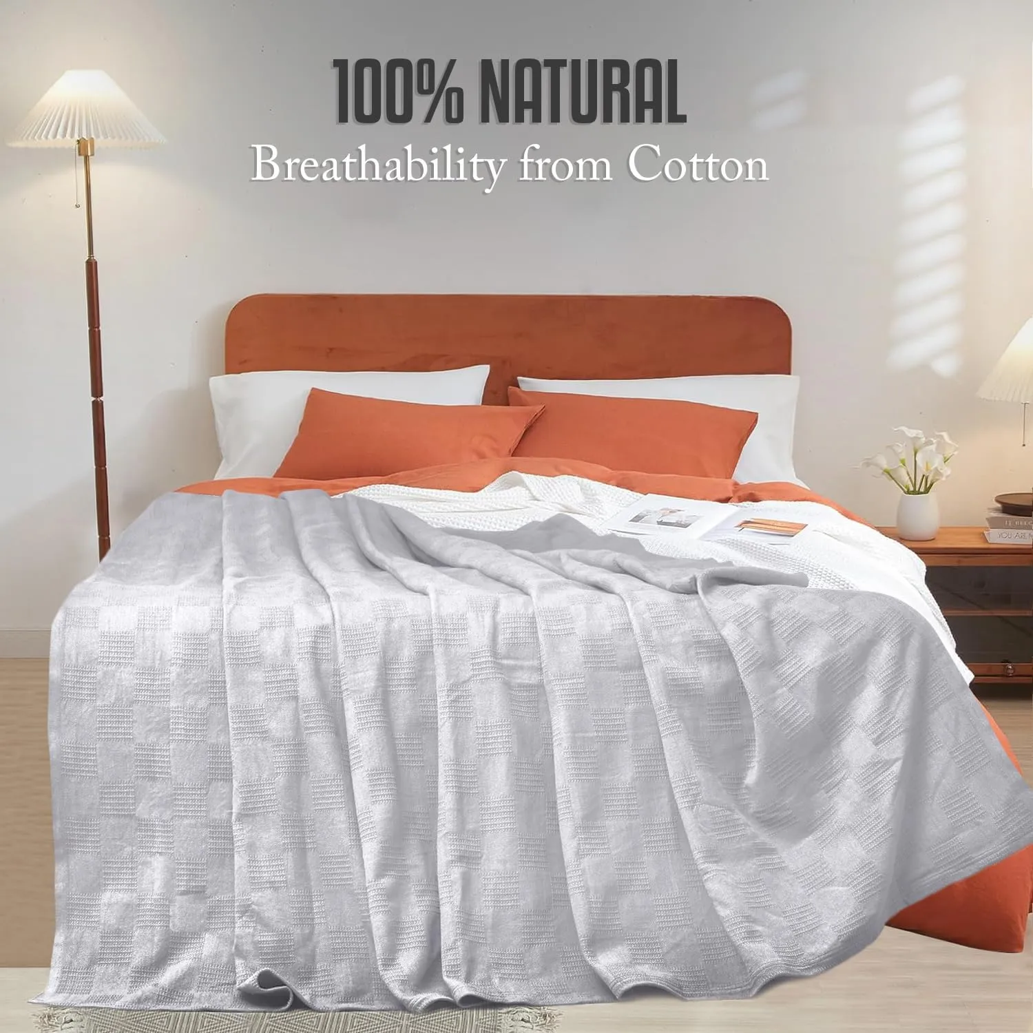 Oakias 100% Cotton Blanket - Queen Size Silver, 350 GSM, 90 x 90 Inches, Soft, Thermal, Breathable & Durable Summer Throw Blanket for Bed, Couches & Living Room