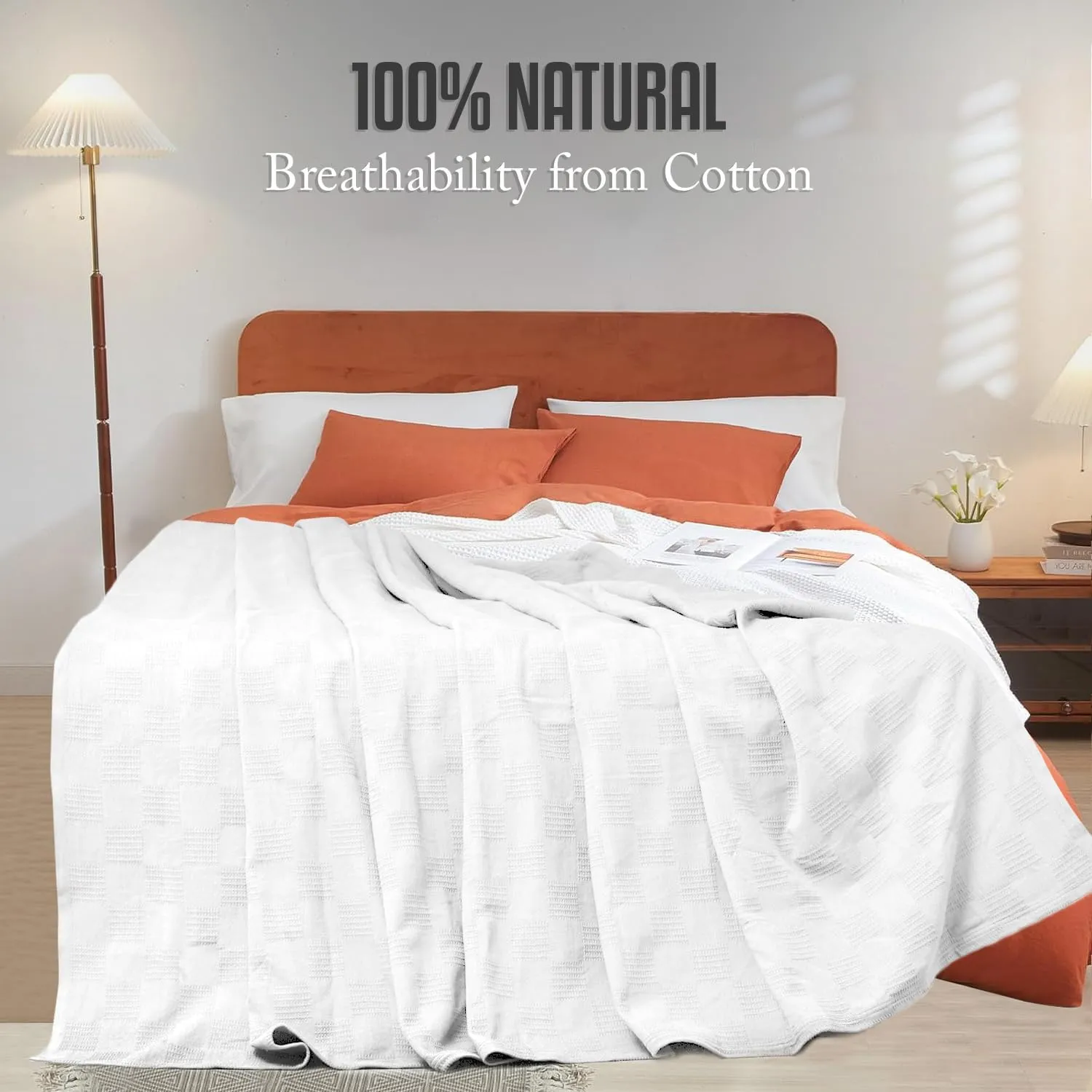Oakias 100% Cotton Blanket – Queen Size White, 90 x 90 Inches – 350 GSM Soft, Lightweight & Breathable Thermal Blanket – Durable All-Season Comfort for Bed & Couch