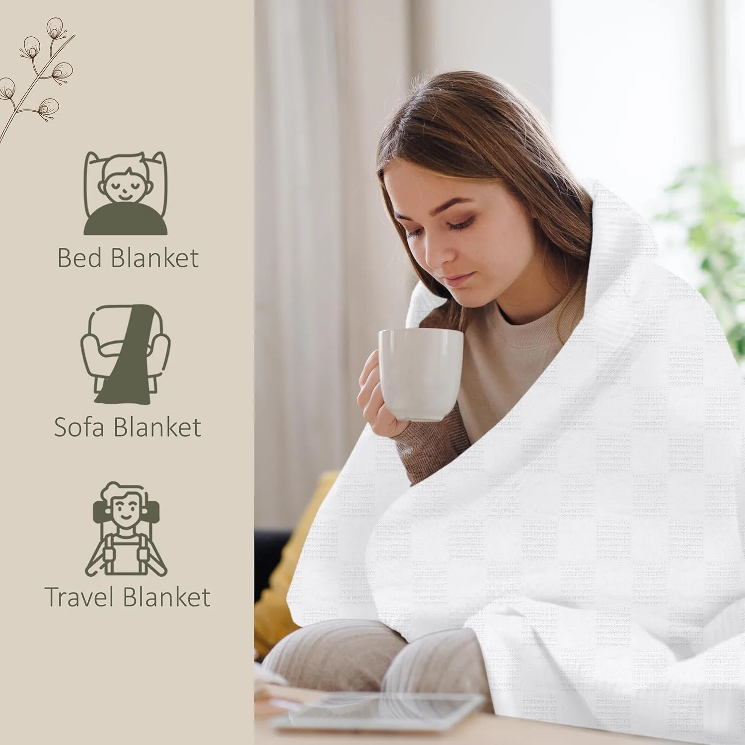 Oakias 100% Cotton Blanket – Queen Size White, 90 x 90 Inches – 350 GSM Soft, Lightweight & Breathable Thermal Blanket – Durable All-Season Comfort for Bed & Couch