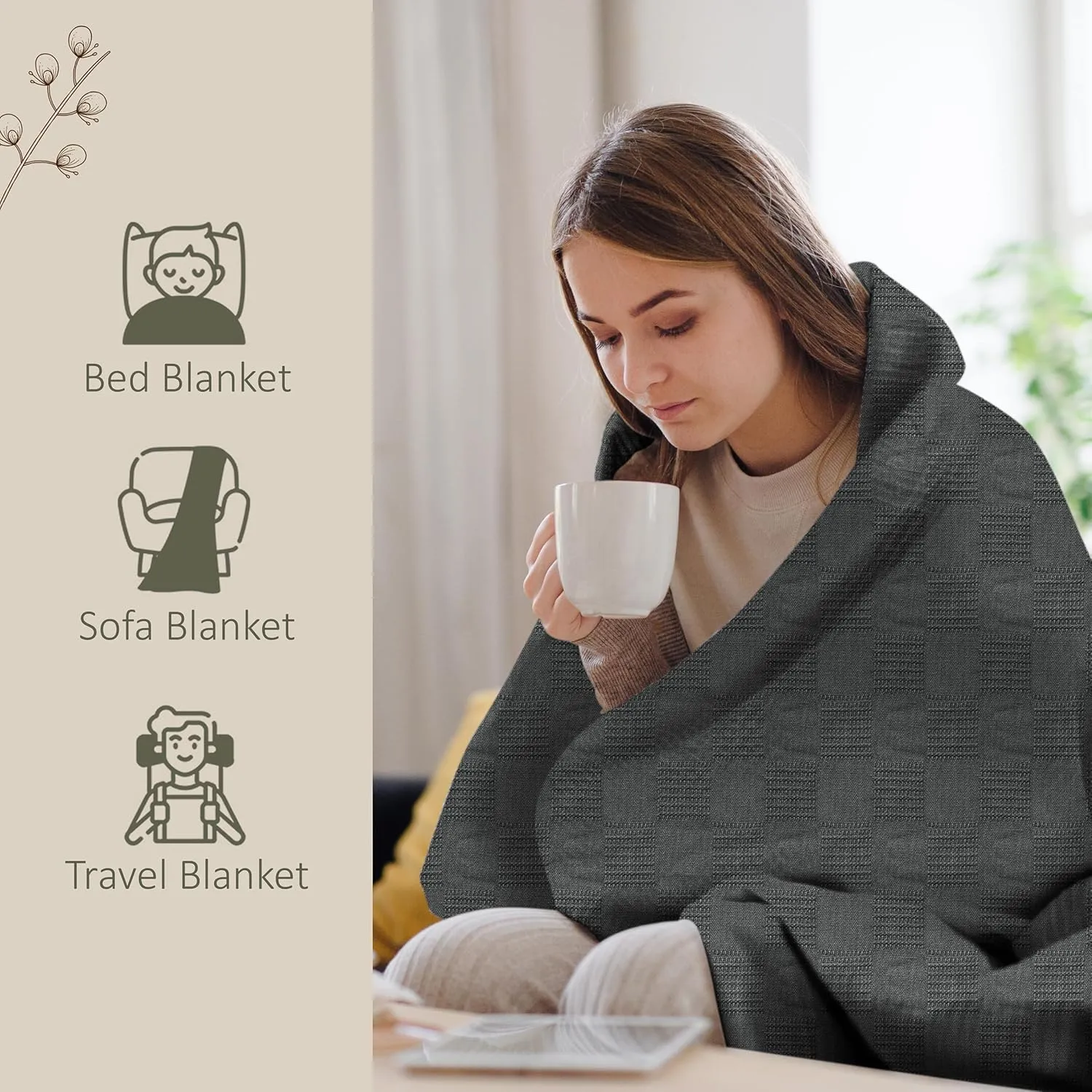 Oakias 100% Cotton Twin Grey Blanket - 350 GSM, 90 x 72 Inches, Soft Thermal, Lightweight, Breathable & Durable Summer Blanket for Bed, Couches & Living Room