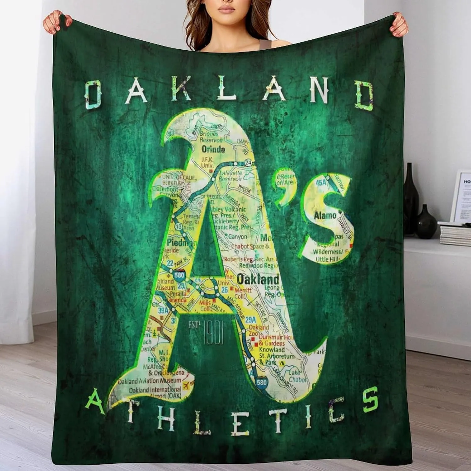 Oakland City Baseball Blanket Soft Flannel Lightweight Outdoor Travel Blanket Living Room Bedroom Sofa Decoration Baseball Fan Gift 50x60 Inch