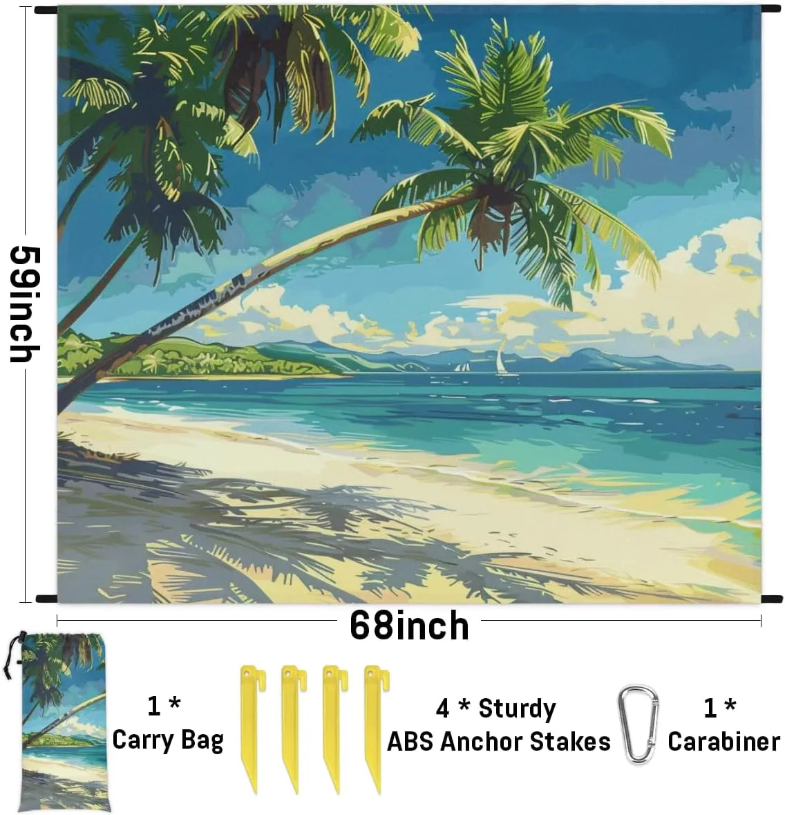 Ocean Beach Beach Blanket, Sandproof Beach Mat, Adults Waterproof Quick Drying Sand Free Mat with 4 x Ground Spikes for Outdoor Travel Camping Hiking, Tropical Palm Trees