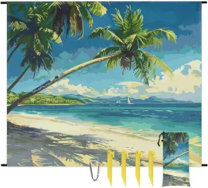 Ocean Beach Beach Blanket, Sandproof Beach Mat, Adults Waterproof Quick Drying Sand Free Mat with 4 x Ground Spikes for Outdoor Travel Camping Hiking, Tropical Palm Trees