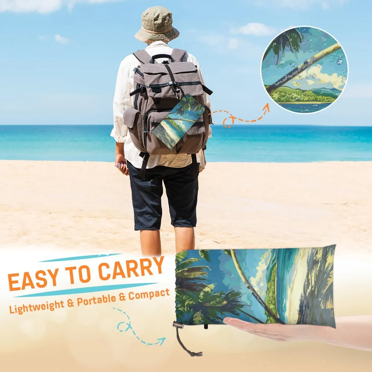 Ocean Beach Beach Blanket, Sandproof Beach Mat, Adults Waterproof Quick Drying Sand Free Mat with 4 x Ground Spikes for Outdoor Travel Camping Hiking, Tropical Palm Trees