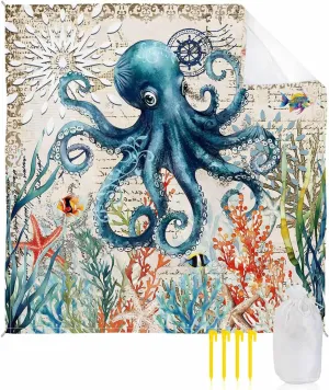 Ocean Beach Blanket Waterproof Sandproof 108"x84", Vintage Octopus Seagrass Coral Starfish Oversized Beach Mat with 4 Corner Sand Pocket & 4 Stakes, Compact Outdoor Picnic Mat for Camping Travel