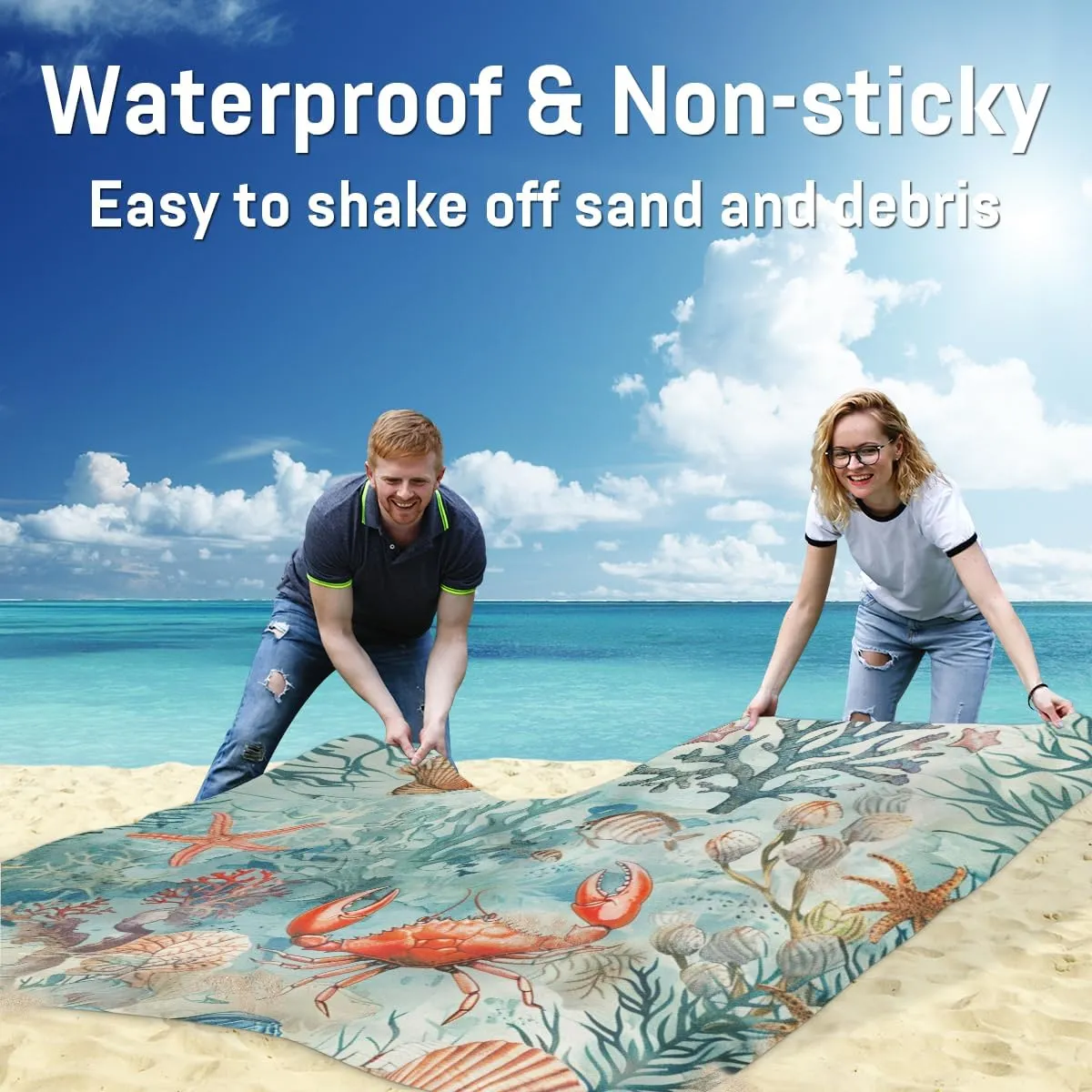 Ocean Crab Beach Blanket, Sandproof Beach Mat, Adults Waterproof Quick Drying Sand Free Mat with 4 x Ground Spikes for Outdoor Travel Camping Hiking, Sea Animals Theme