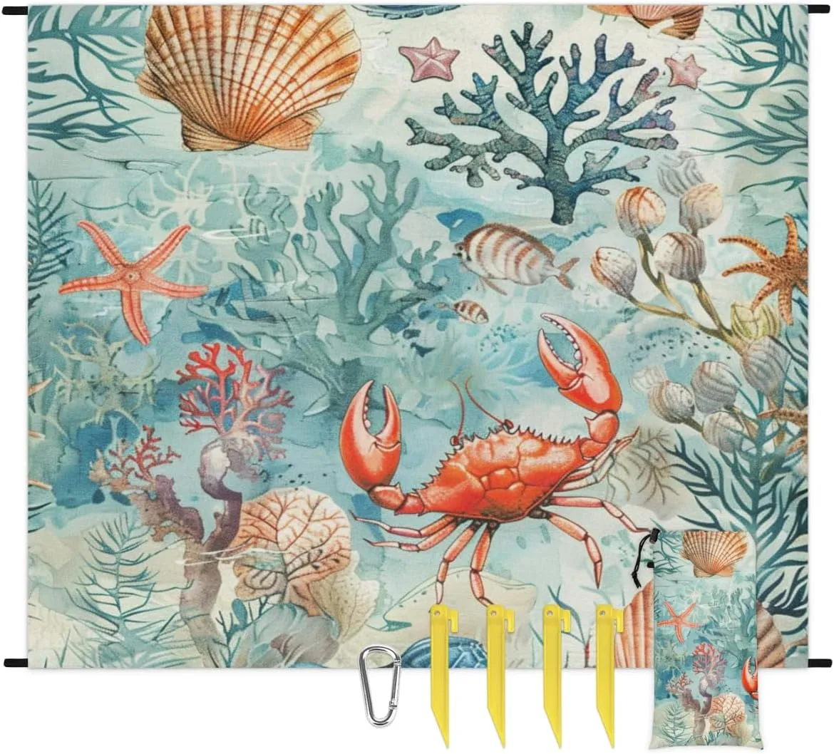 Ocean Crab Beach Blanket, Sandproof Beach Mat, Adults Waterproof Quick Drying Sand Free Mat with 4 x Ground Spikes for Outdoor Travel Camping Hiking, Sea Animals Theme