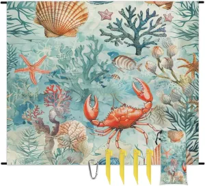 Ocean Crab Beach Blanket, Sandproof Beach Mat, Adults Waterproof Quick Drying Sand Free Mat with 4 x Ground Spikes for Outdoor Travel Camping Hiking, Sea Animals Theme